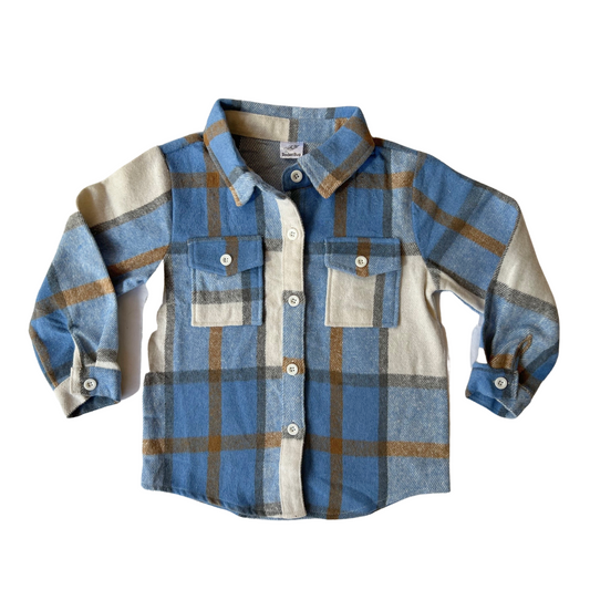 Rocket Bug Cozy Soft Flannels - Thick, Warm, & Snuggly Jacket - Baby, Toddler, Kids, Boys, Girls Shacket Light Blue + Brown