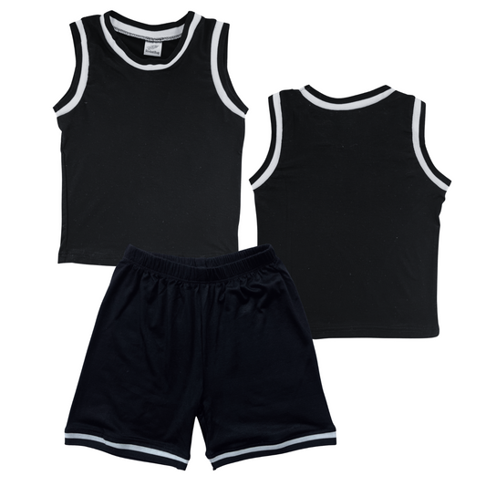 Blank Sleeveless Basketball Jersey & Shorts Set for Toddlers Black No Sweatband Set