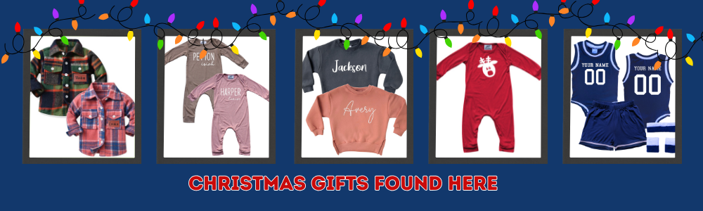 Collection of children's clothing with text 'Christmas Gifts Found Here' on a blue background with festive lights.