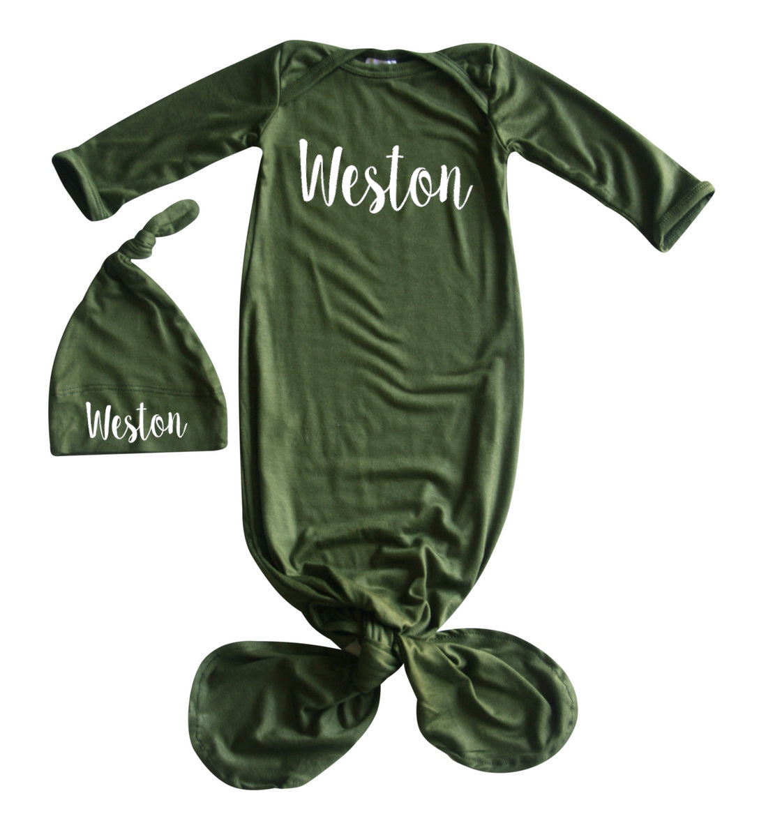 'Lush' Personalized Silky Knotted Baby Knotted Gown for Boys & Girls Silky Olive Yes
