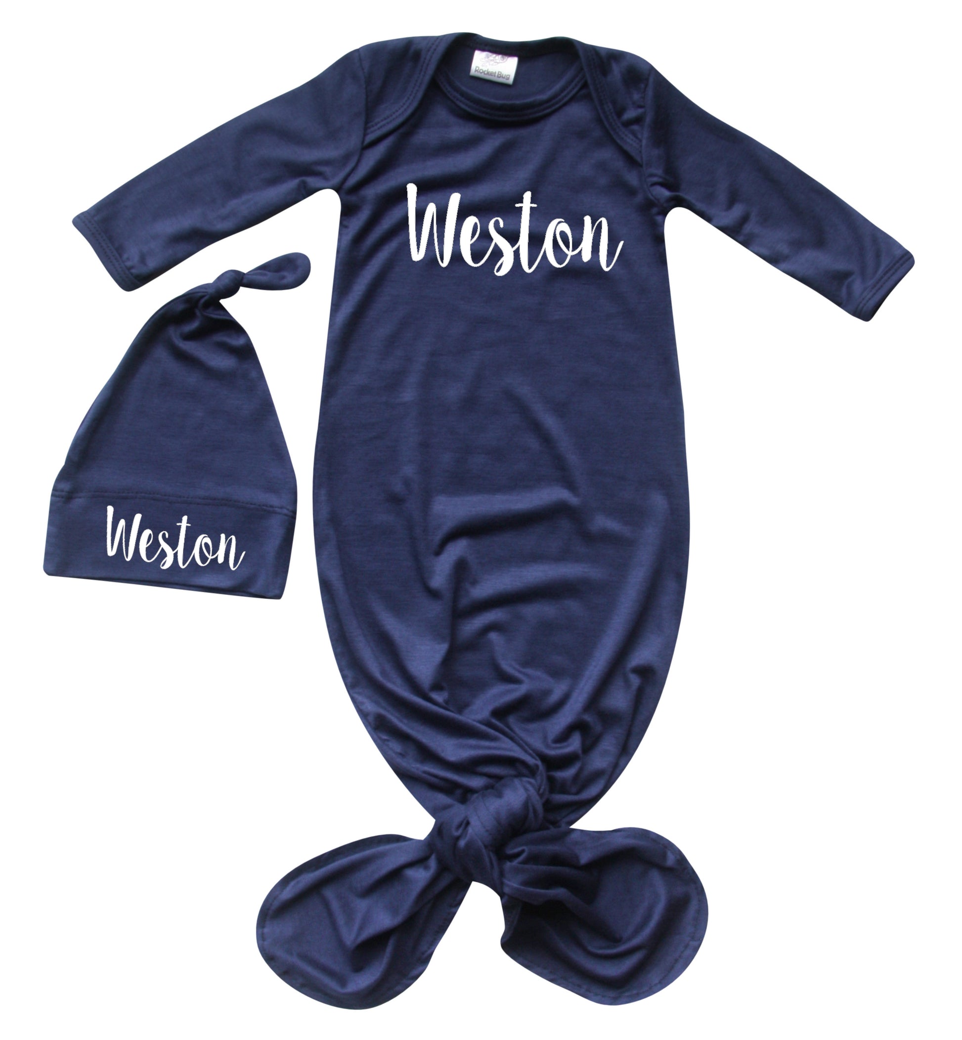 'Lush' Personalized Silky Knotted Baby Knotted Gown for Boys & Girls Silky Navy Yes