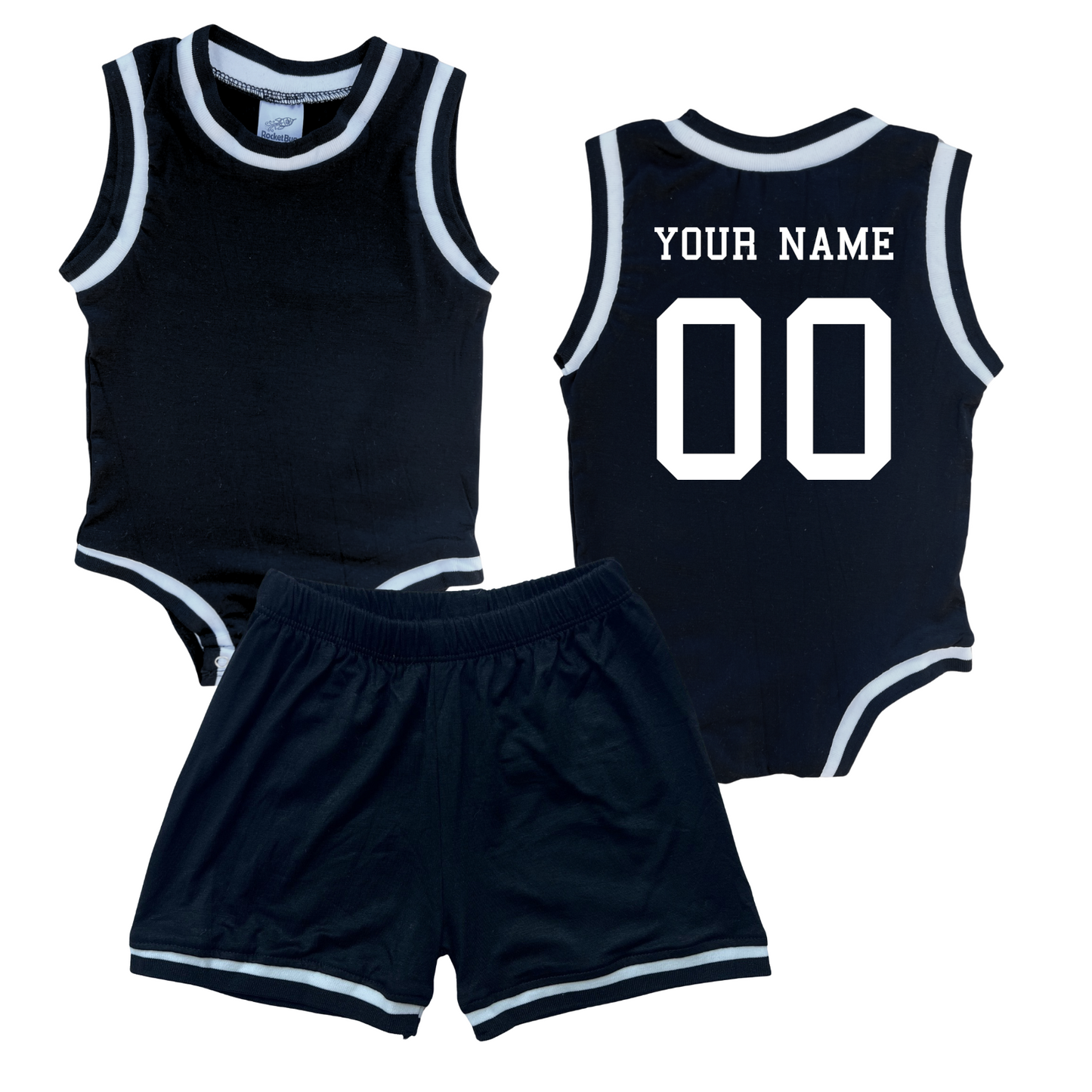 Personalized Basketball Jersey Baby Bodysuit & Matching Shorts with Name & Number on BACK Only Black No Sweatband Set