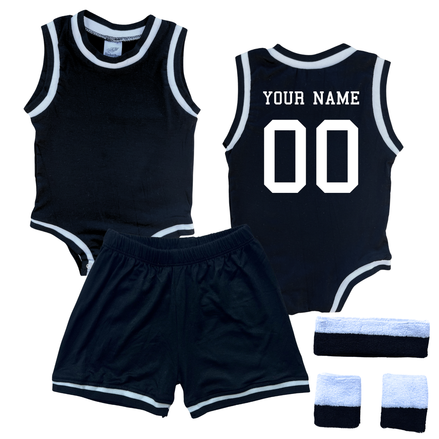 Personalized Basketball Jersey Baby Bodysuit & Matching Shorts with Name & Number on BACK Only Black Yes Include Sweatband Set