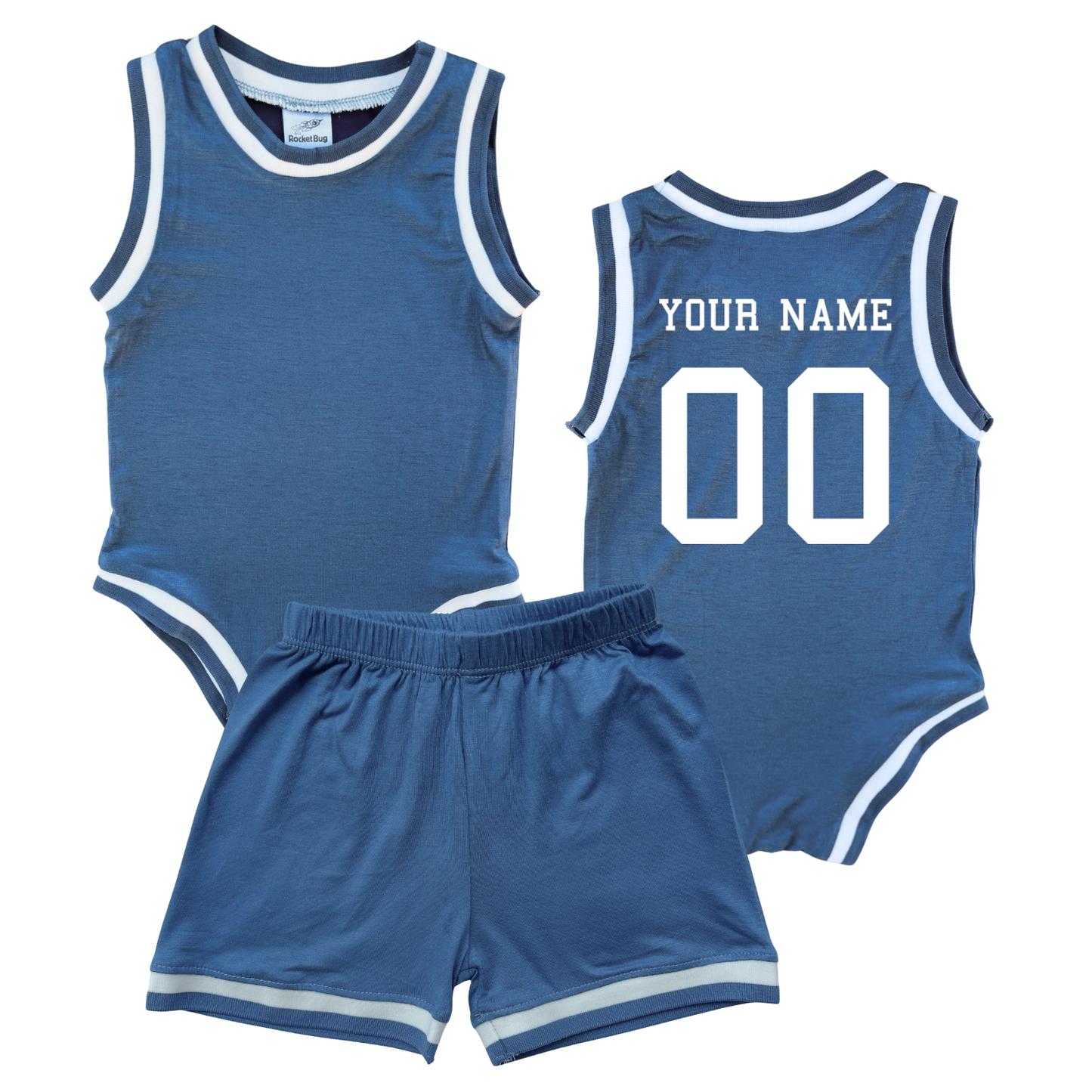 Personalized Basketball Jersey Baby Bodysuit & Matching Shorts with Name & Number on BACK Only Blue No Sweatband Set