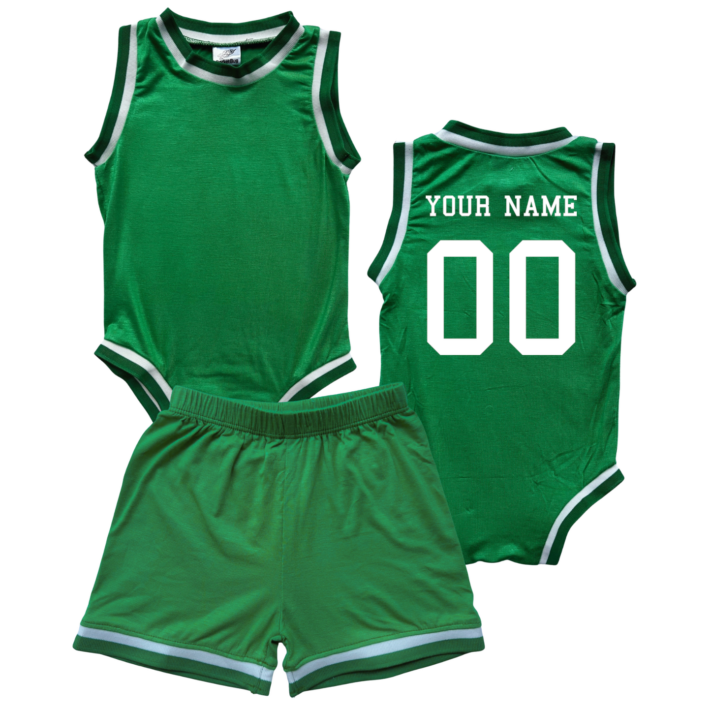 Personalized Basketball Jersey Baby Bodysuit & Matching Shorts with Name & Number on BACK Only Green No Sweatband Set