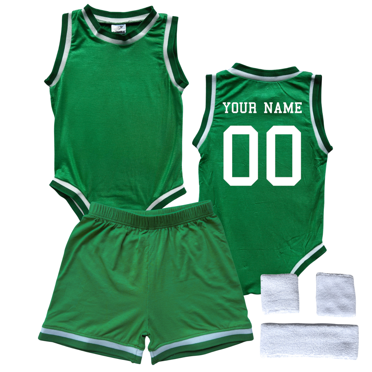 Personalized Basketball Jersey Baby Bodysuit & Matching Shorts with Name & Number on BACK Only Green Yes Include Sweatband Set