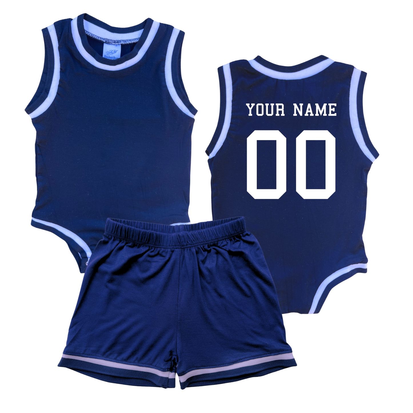 Personalized Basketball Jersey Baby Bodysuit & Matching Shorts with Name & Number on BACK Only Navy No Sweatband Set