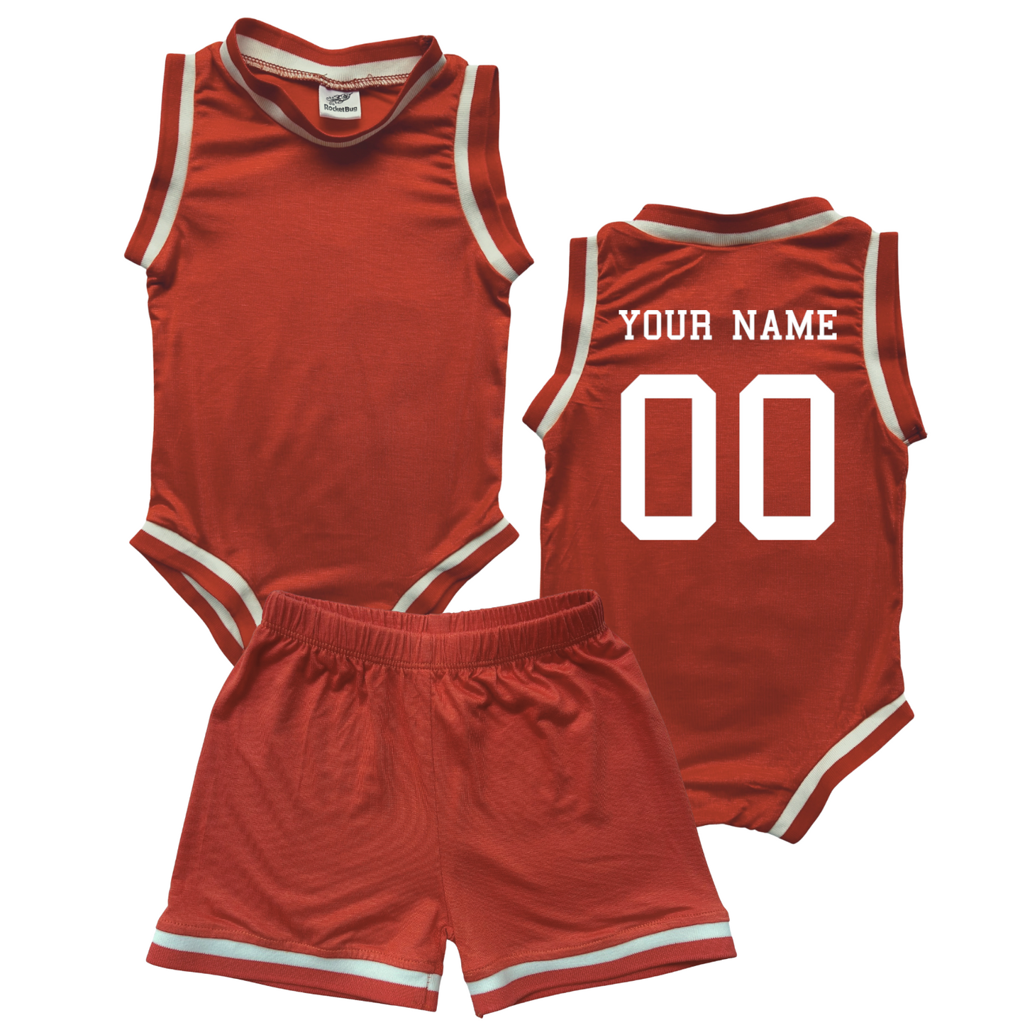 Personalized Basketball Jersey Baby Bodysuit & Matching Shorts with Name & Number on BACK Only Orange No Sweatband Set
