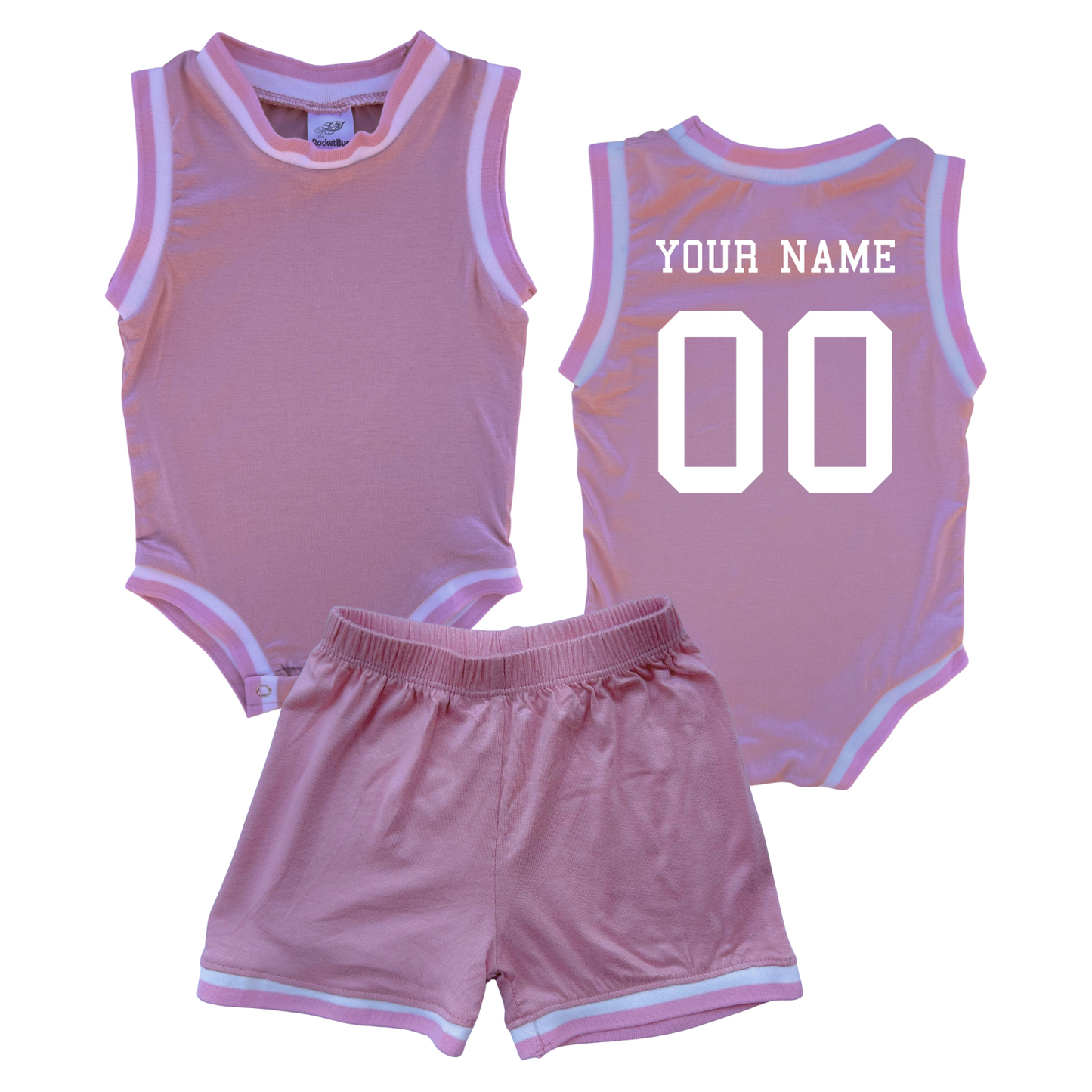 Personalized Basketball Jersey Baby Bodysuit & Matching Shorts with Name & Number on BACK Only Pink No Sweatband Set