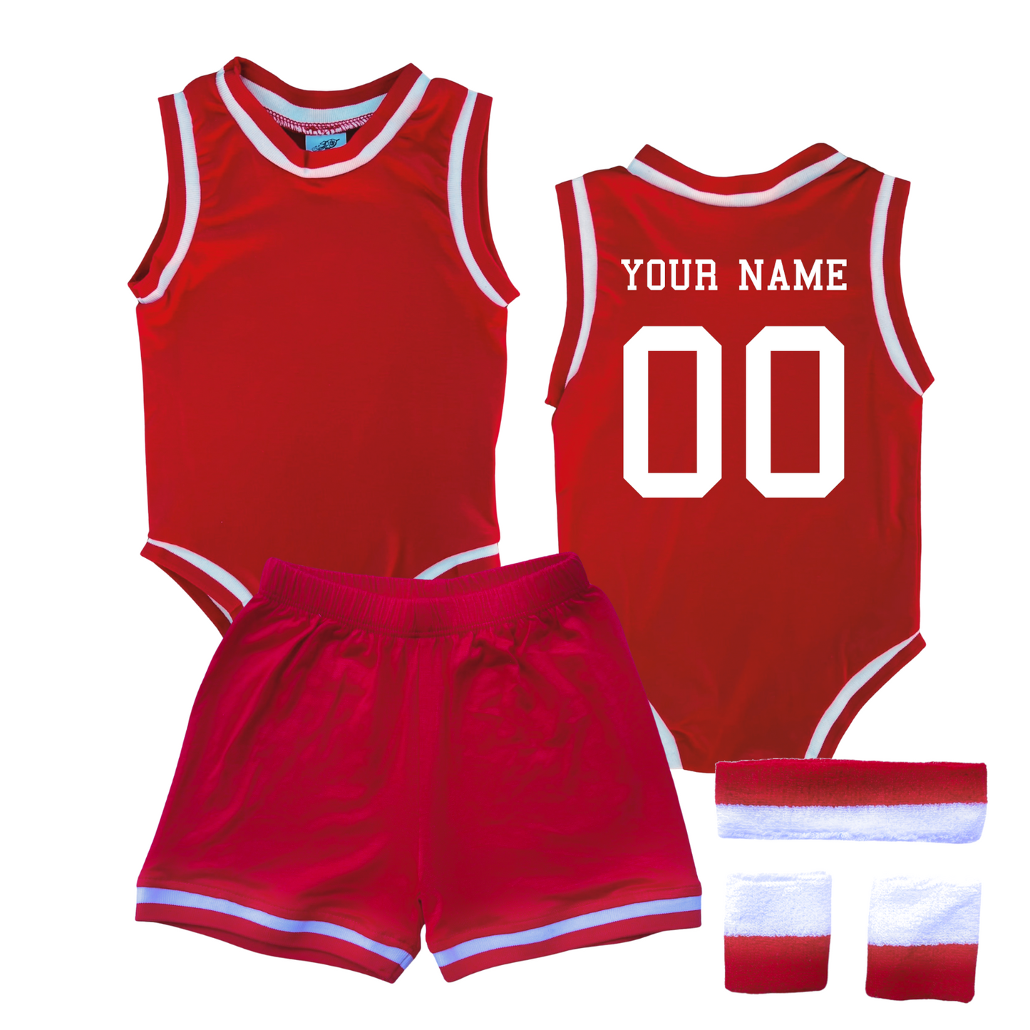 Personalized Basketball Jersey Baby Bodysuit & Matching Shorts with Name & Number on BACK Only Red Yes Include Sweatband Set