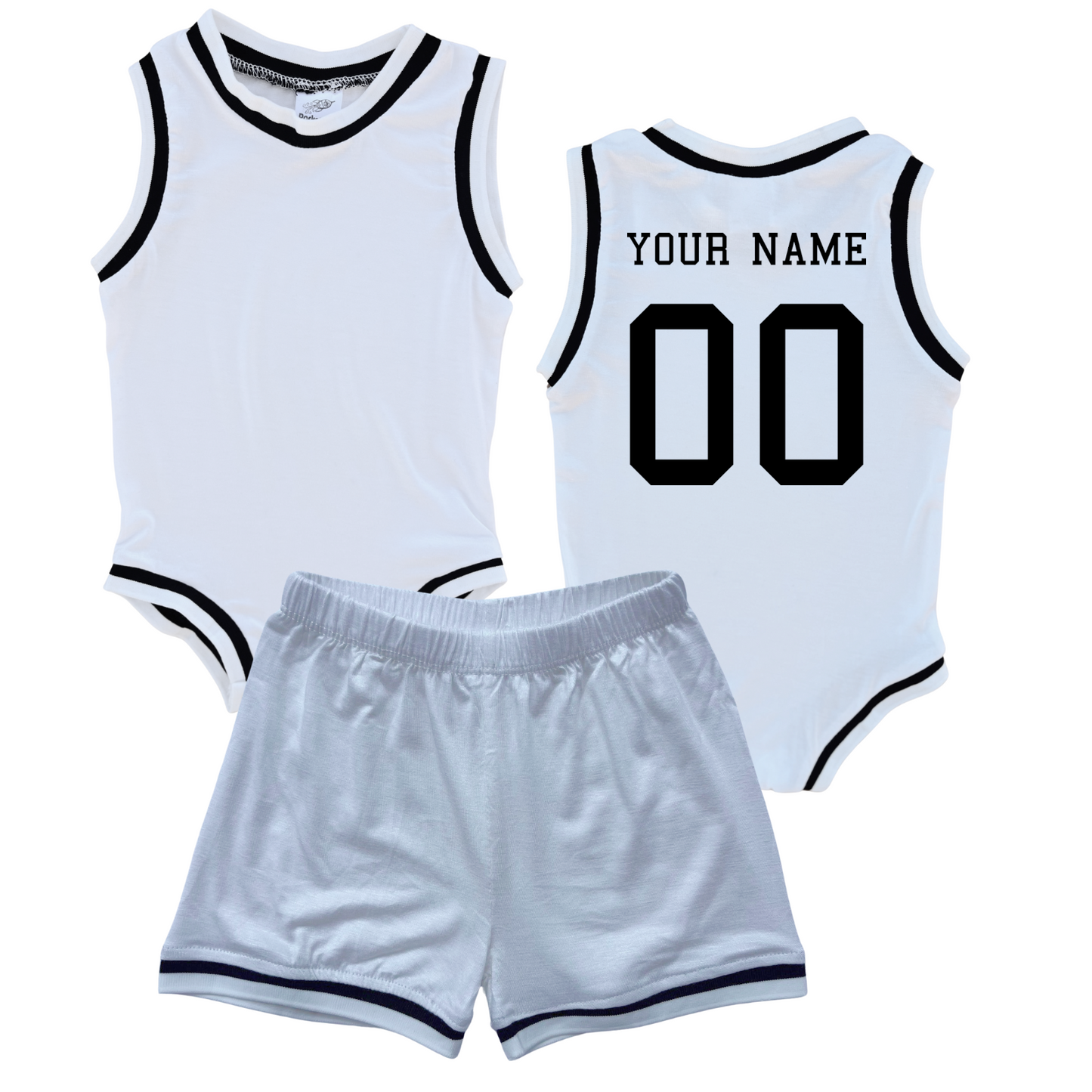 Personalized Basketball Jersey Baby Bodysuit & Matching Shorts with Name & Number on BACK Only White (Black Graphic) No Sweatband Set