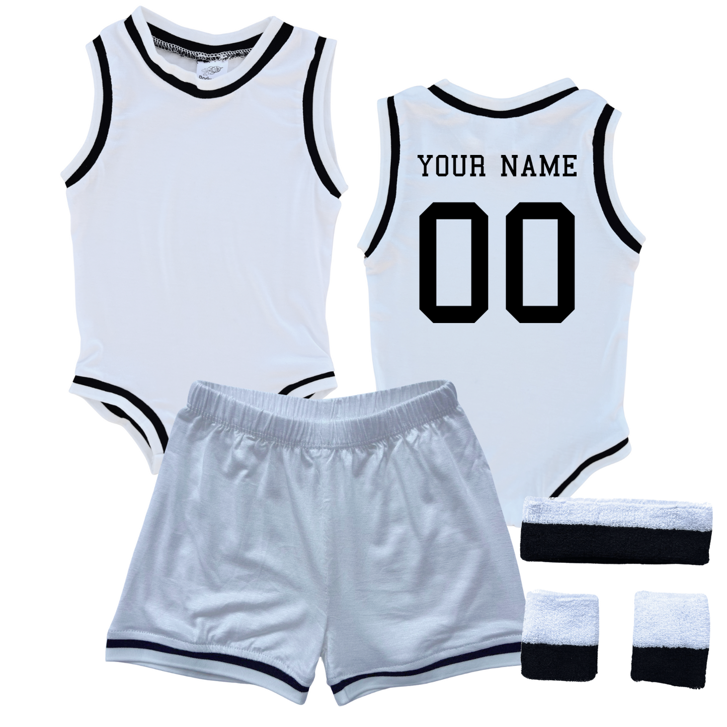 Personalized Basketball Jersey Baby Bodysuit & Matching Shorts with Name & Number on BACK Only White (Black Graphic) Yes Include Sweatband Set