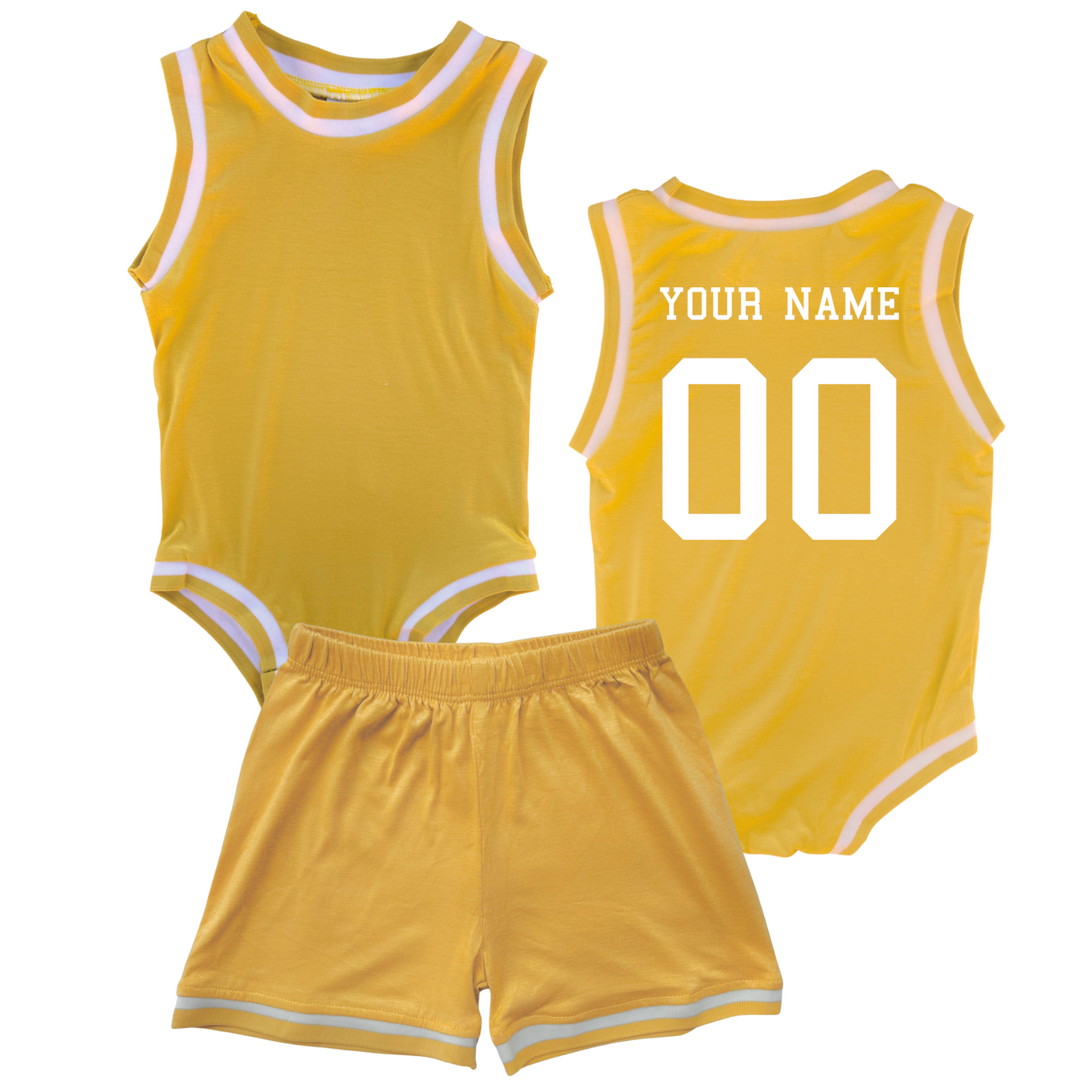 Personalized Basketball Jersey Baby Bodysuit & Matching Shorts with Name & Number on BACK Only Gold No Sweatband Set