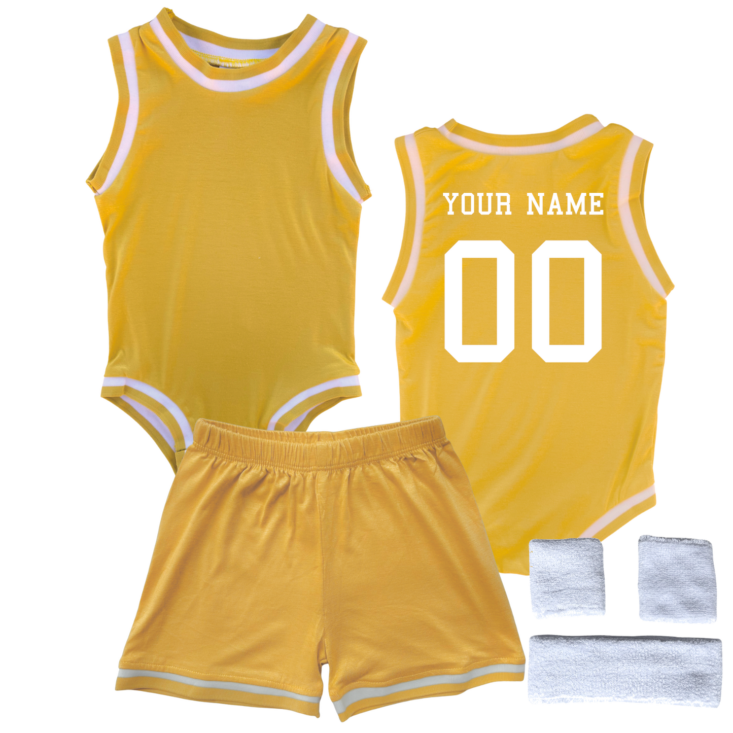 Personalized Basketball Jersey Baby Bodysuit & Matching Shorts with Name & Number on BACK Only Gold Yes Include Sweatband Set