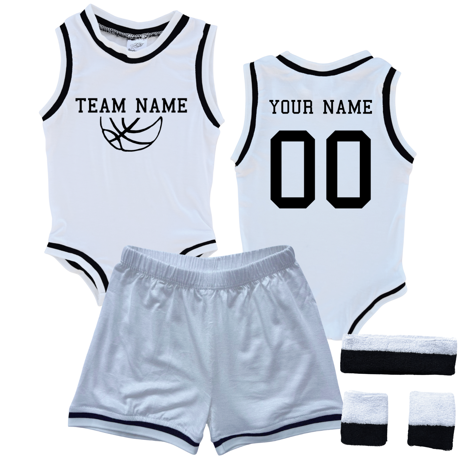 Personalized TEAM Basketball Jersey Baby Bodysuit & Matching Shorts with Name, Number & Team White (Black Graphic) Yes Include Sweatband Set