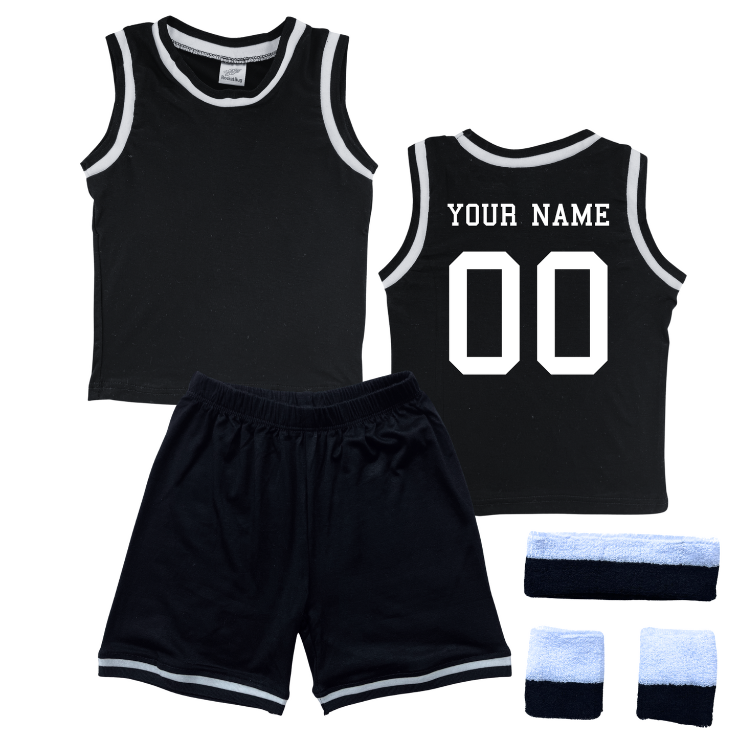 Personalized Sleeveless Basketball Jersey & Shorts Set for Toddlers- Personalized with Name and Number (Back) & (Front) Blank Black Yes Include Sweatband Set