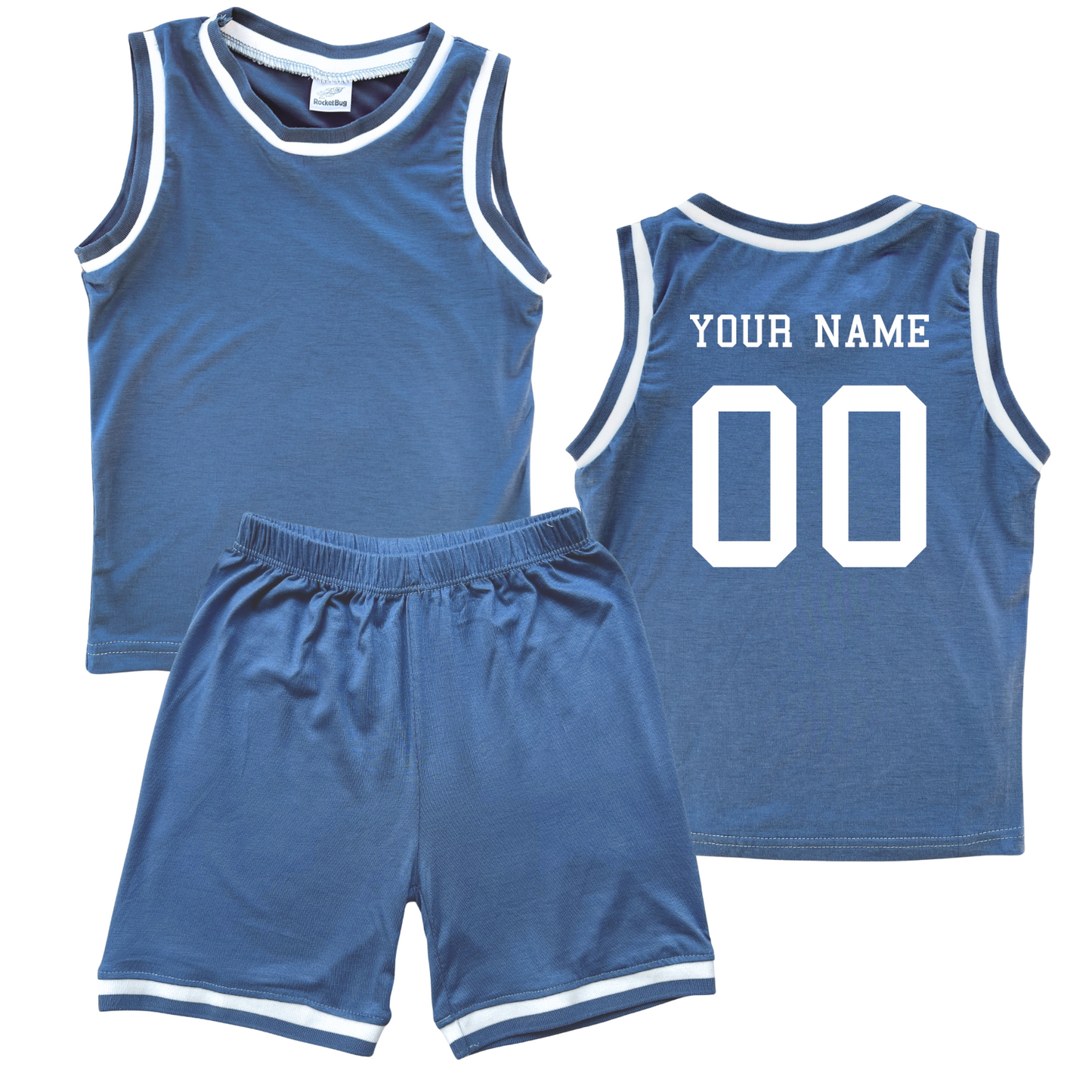 Personalized Sleeveless Basketball Jersey & Shorts Set for Toddlers- Personalized with Name and Number (Back) & (Front) Blank Blue No Sweatband Set