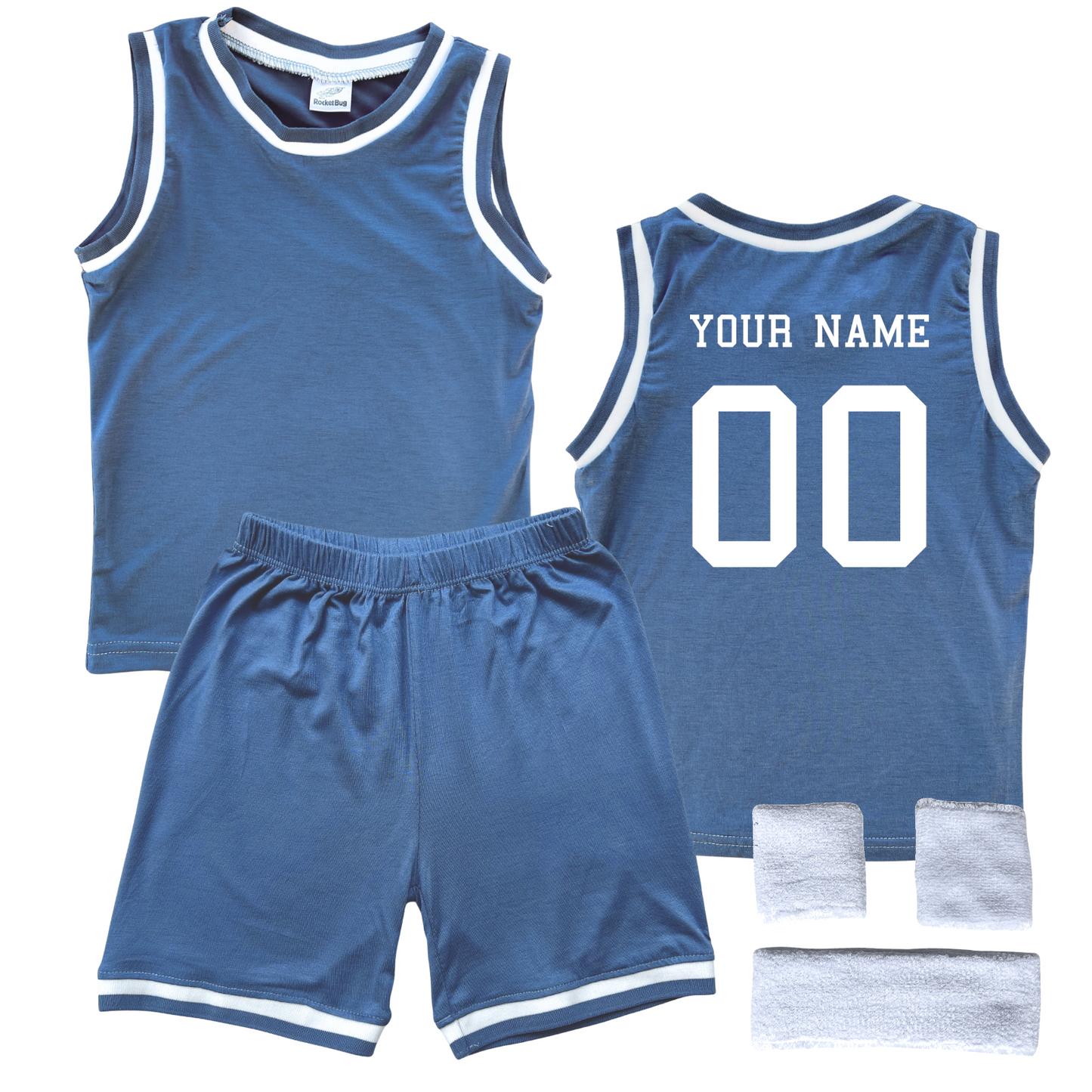 Personalized Sleeveless Basketball Jersey & Shorts Set for Toddlers- Personalized with Name and Number (Back) & (Front) Blank Blue Yes Include Sweatband Set
