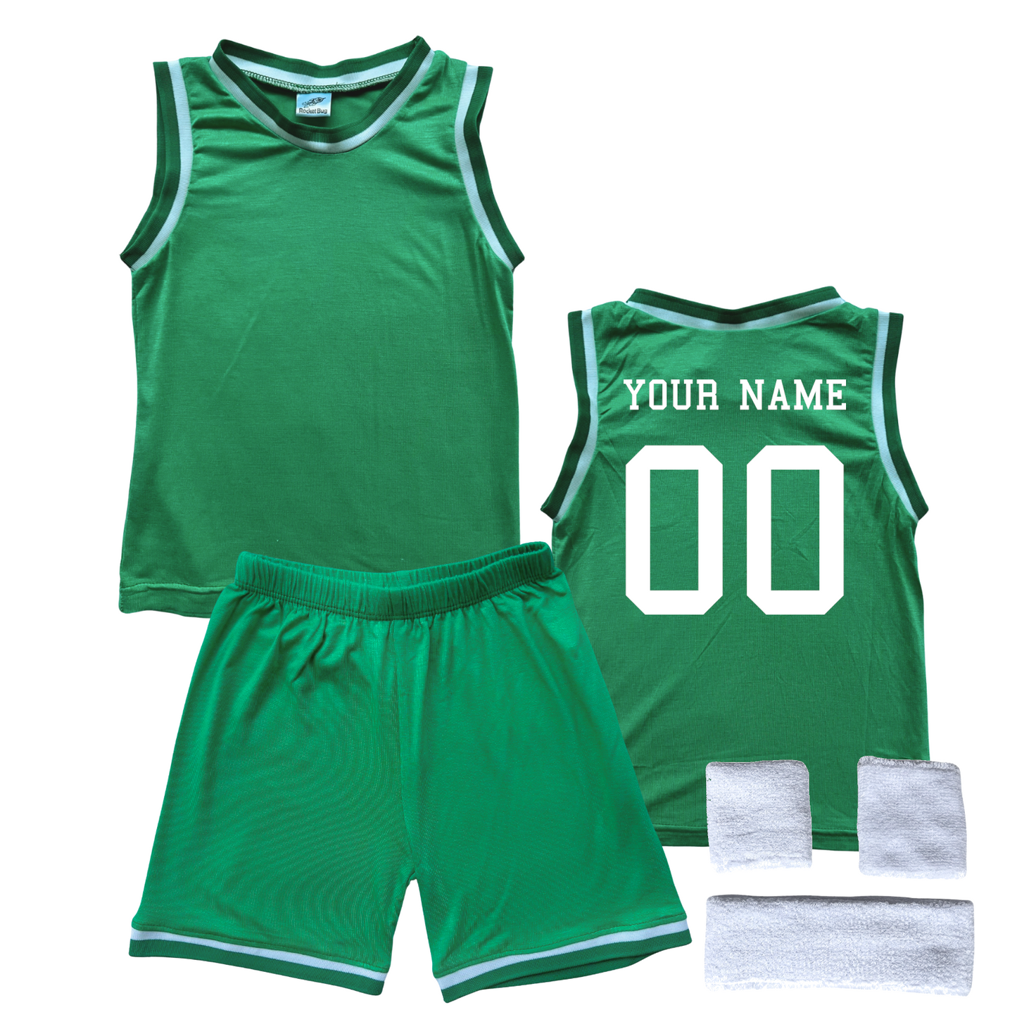 Personalized Sleeveless Basketball Jersey & Shorts Set for Toddlers- Personalized with Name and Number (Back) & (Front) Blank Green Yes Include Sweatband Set