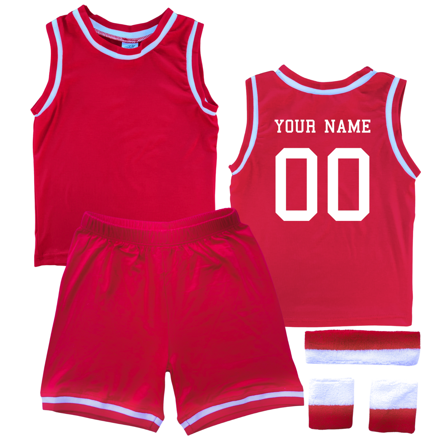 Personalized Sleeveless Basketball Jersey & Shorts Set for Toddlers- Personalized with Name and Number (Back) & (Front) Blank Red Yes Include Sweatband Set