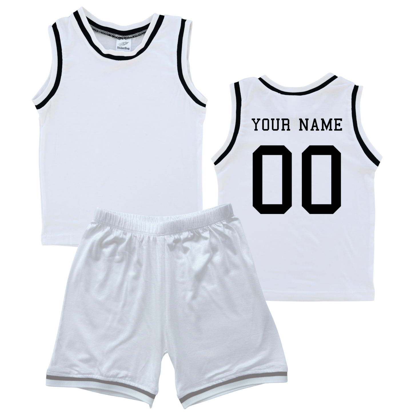 Personalized Sleeveless Basketball Jersey & Shorts Set for Toddlers- Personalized with Name and Number (Back) & (Front) Blank White (Black Graphic) No Sweatband Set