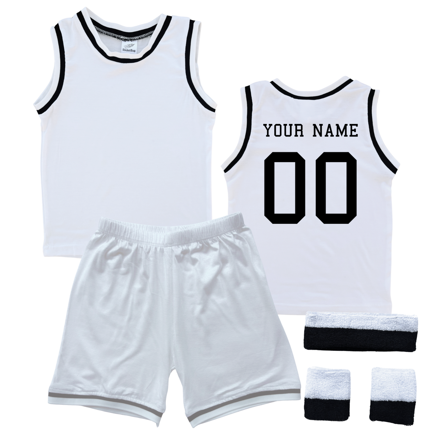 Personalized Sleeveless Basketball Jersey & Shorts Set for Toddlers- Personalized with Name and Number (Back) & (Front) Blank White (Black Graphic) Yes Include Sweatband Set