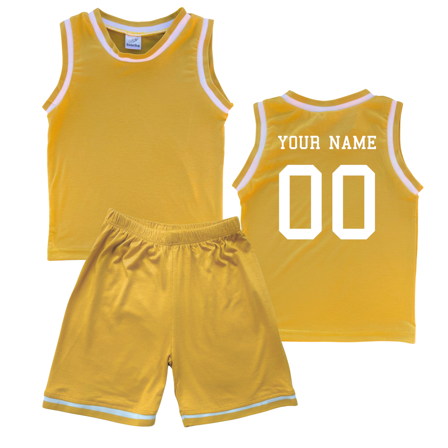 Personalized Sleeveless Basketball Jersey & Shorts Set for Toddlers- Personalized with Name and Number (Back) & (Front) Blank Gold No Sweatband Set