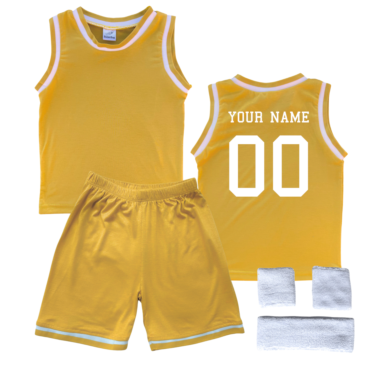 Personalized Sleeveless Basketball Jersey & Shorts Set for Toddlers- Personalized with Name and Number (Back) & (Front) Blank Gold Yes Include Sweatband Set