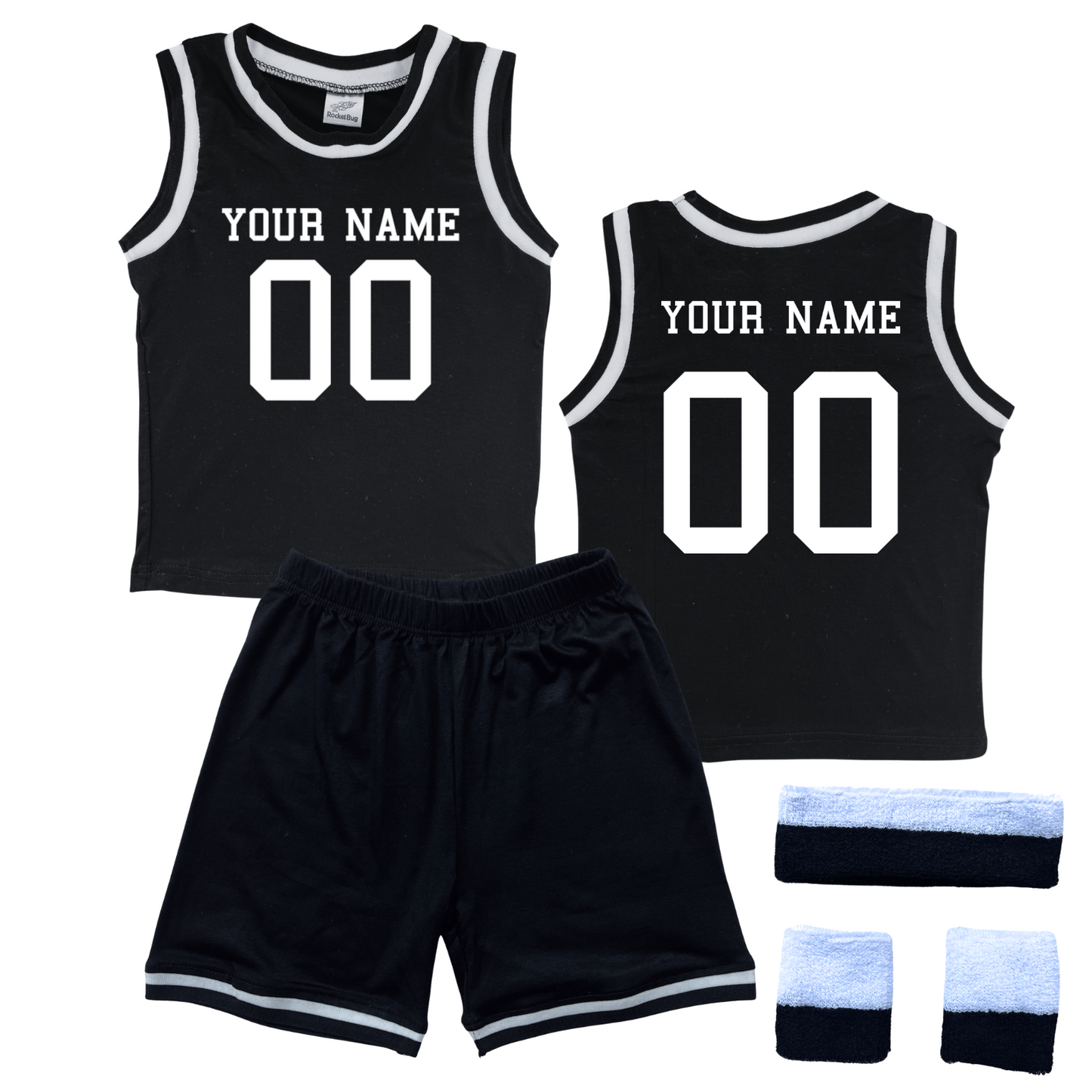 Personalized Sleeveless Basketball Jersey & Shorts Set for Toddlers- Personalized with Name and Number (Front & Back) Black Yes Include Sweatband Set