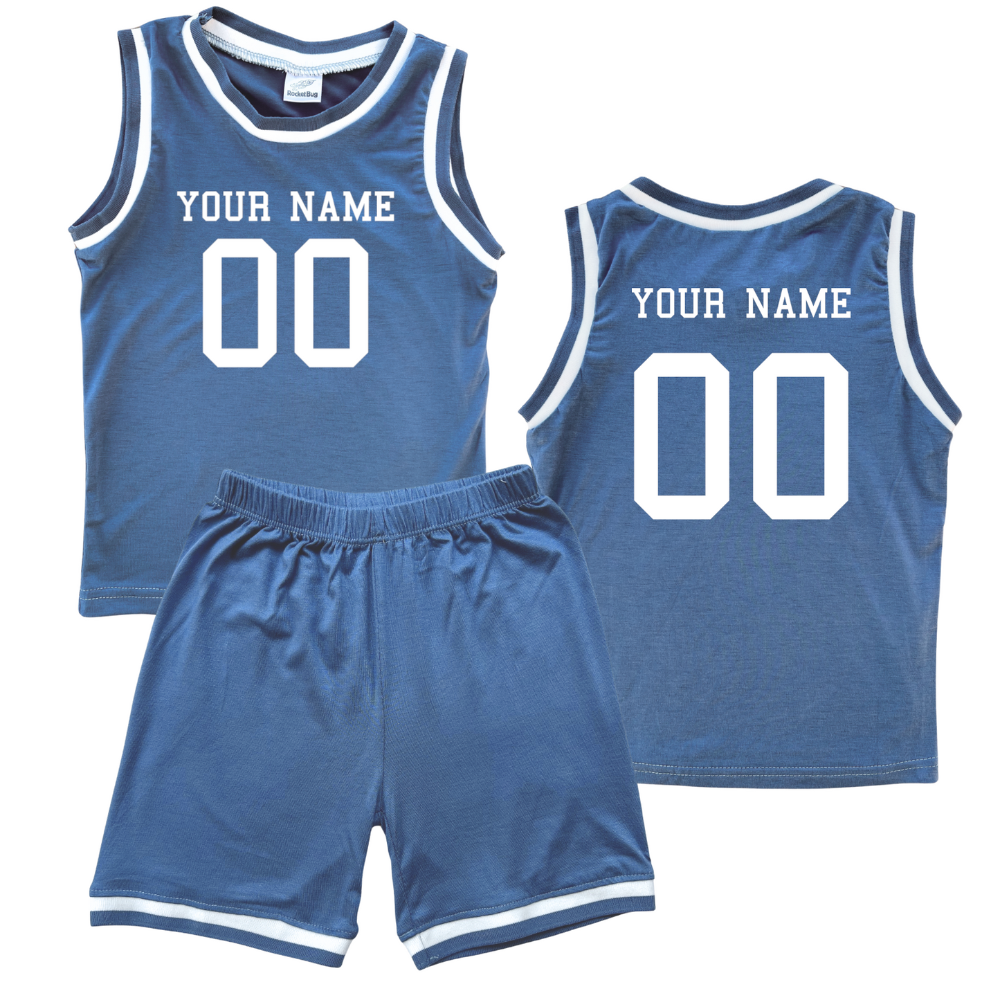 Personalized Sleeveless Basketball Jersey & Shorts Set for Toddlers- Personalized with Name and Number (Front & Back) Blue No Sweatband Set
