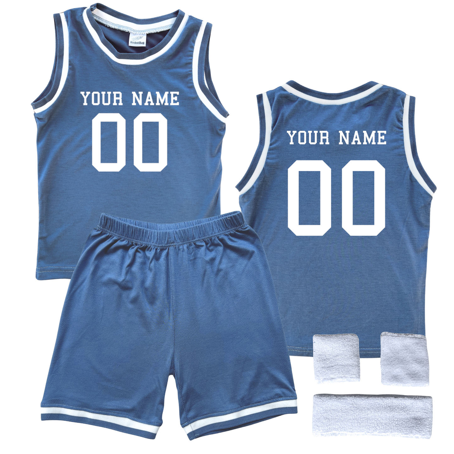 Personalized Sleeveless Basketball Jersey & Shorts Set for Toddlers- Personalized with Name and Number (Front & Back) Blue Yes Include Sweatband Set