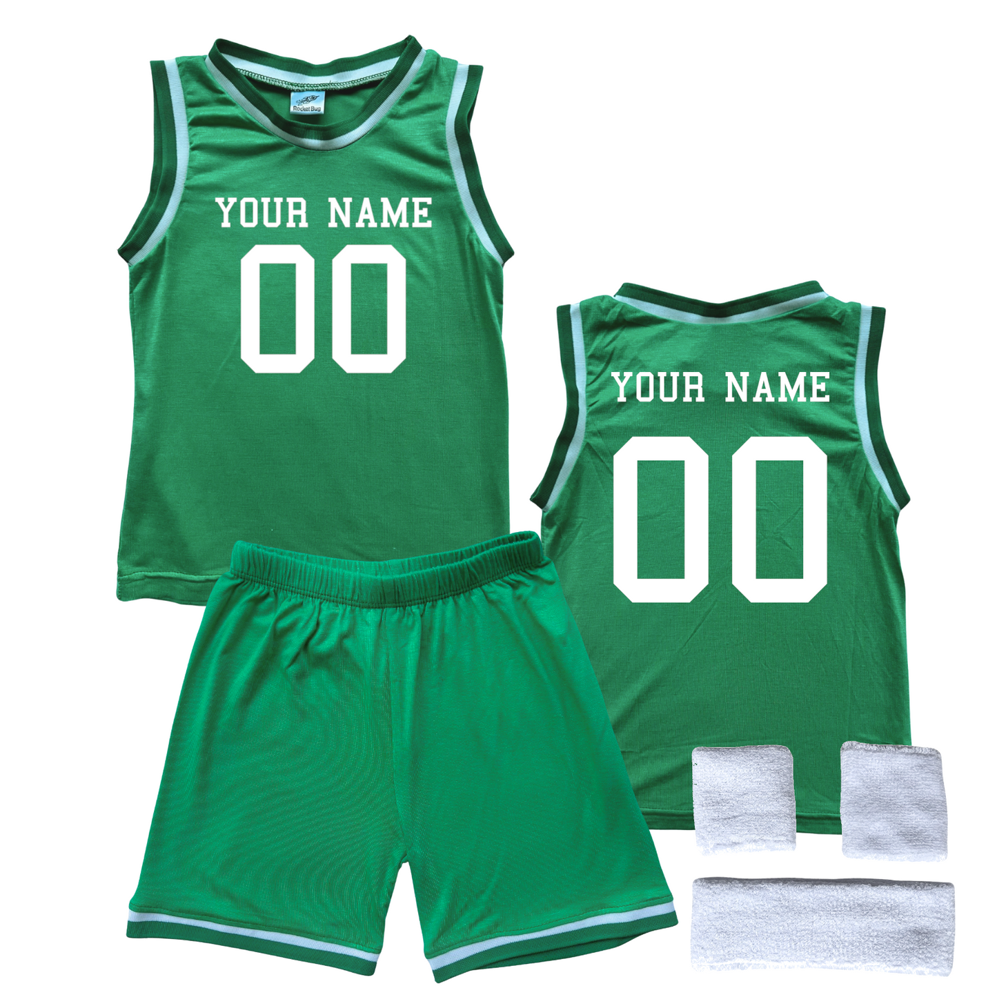 Personalized Sleeveless Basketball Jersey & Shorts Set for Toddlers- Personalized with Name and Number (Front & Back) Green Yes Include Sweatband Set