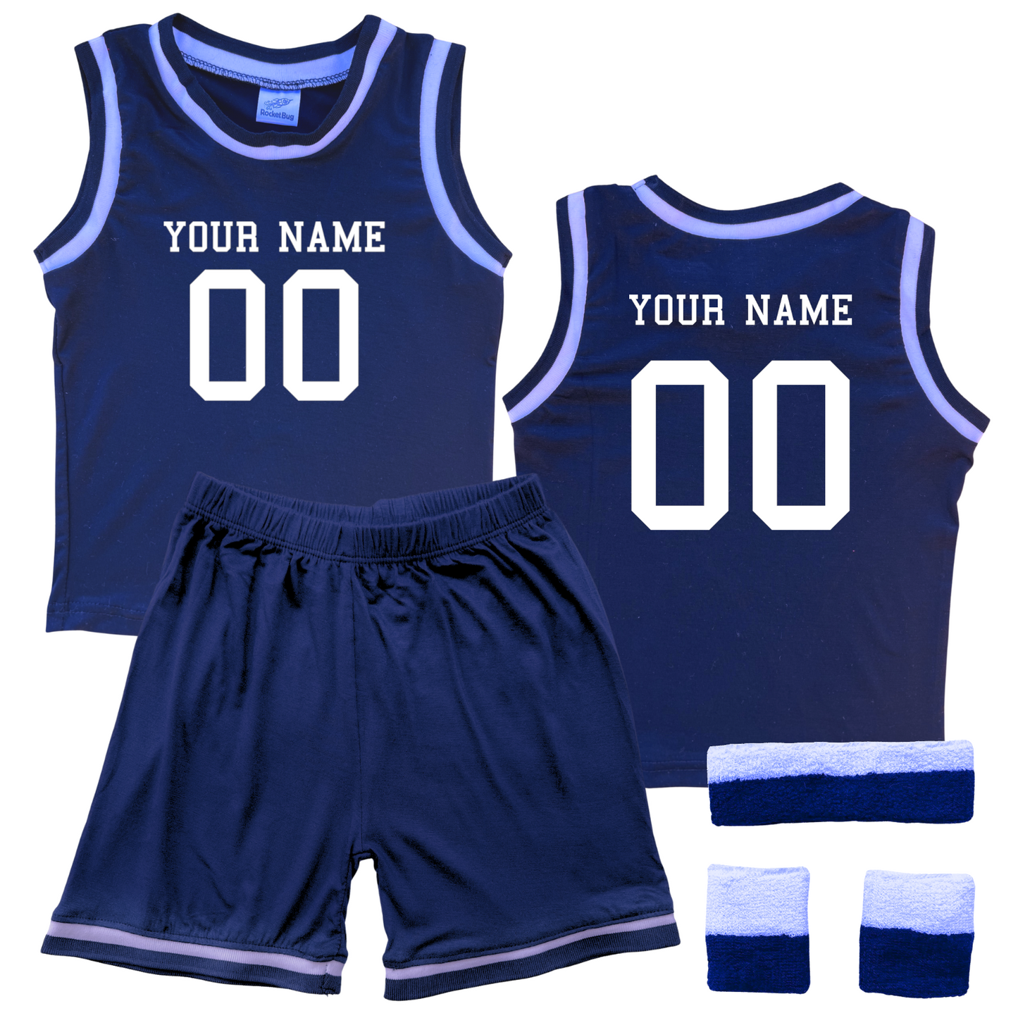 Personalized Sleeveless Basketball Jersey & Shorts Set for Toddlers- Personalized with Name and Number (Front & Back) Navy Yes Include Sweatband Set