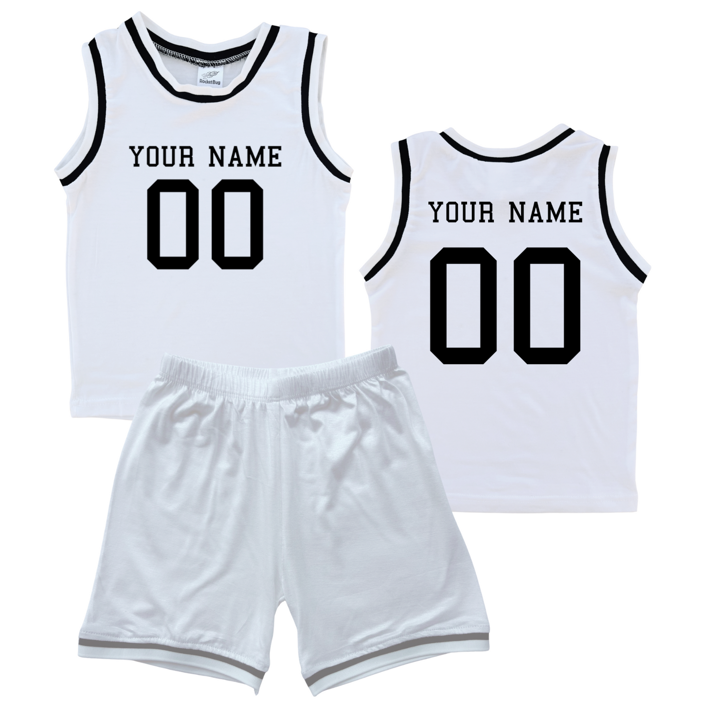 Personalized Sleeveless Basketball Jersey & Shorts Set for Toddlers- Personalized with Name and Number (Front & Back) White (Black Graphic) No Sweatband Set