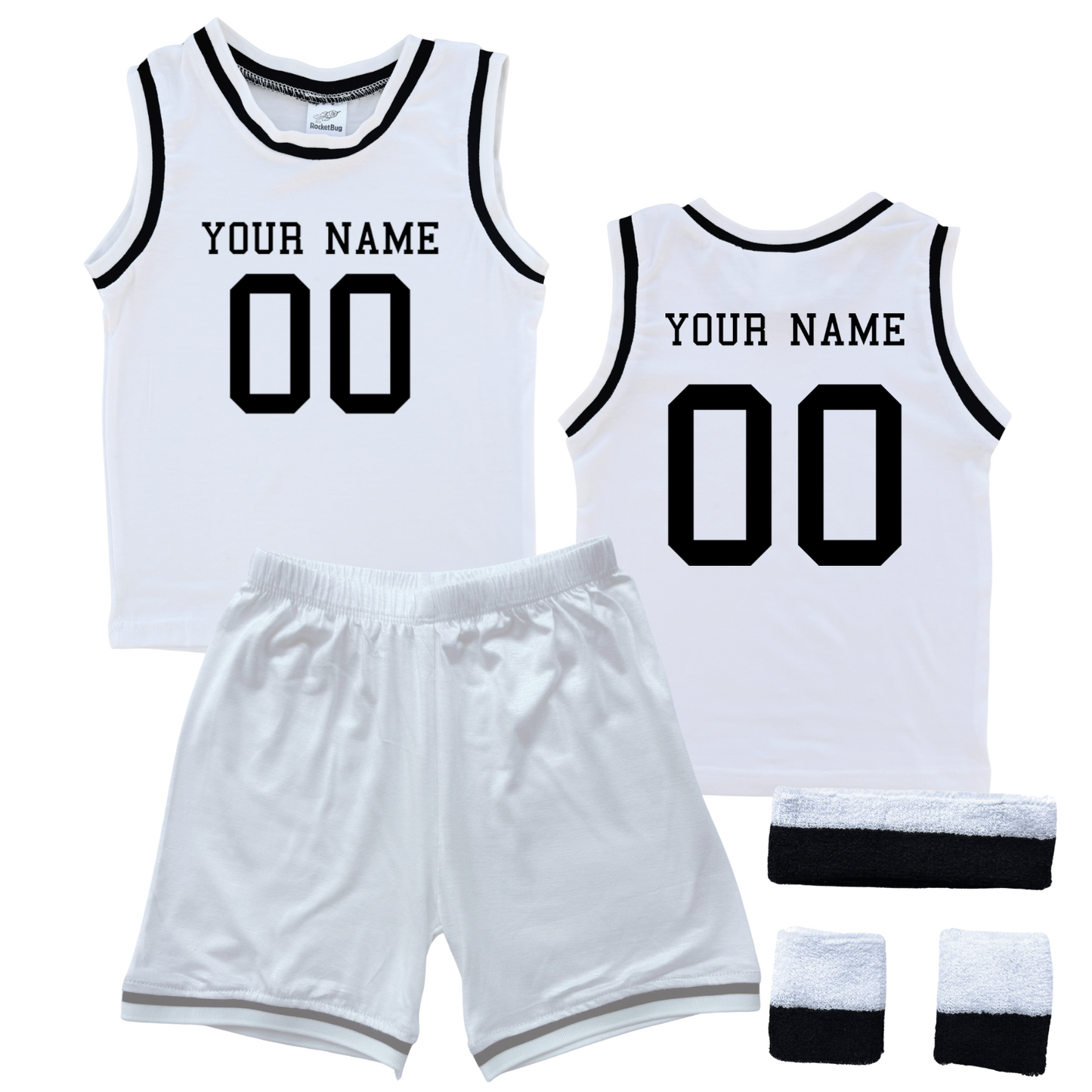 Personalized Sleeveless Basketball Jersey & Shorts Set for Toddlers- Personalized with Name and Number (Front & Back) White (Black Graphic) Yes Include Sweatband Set