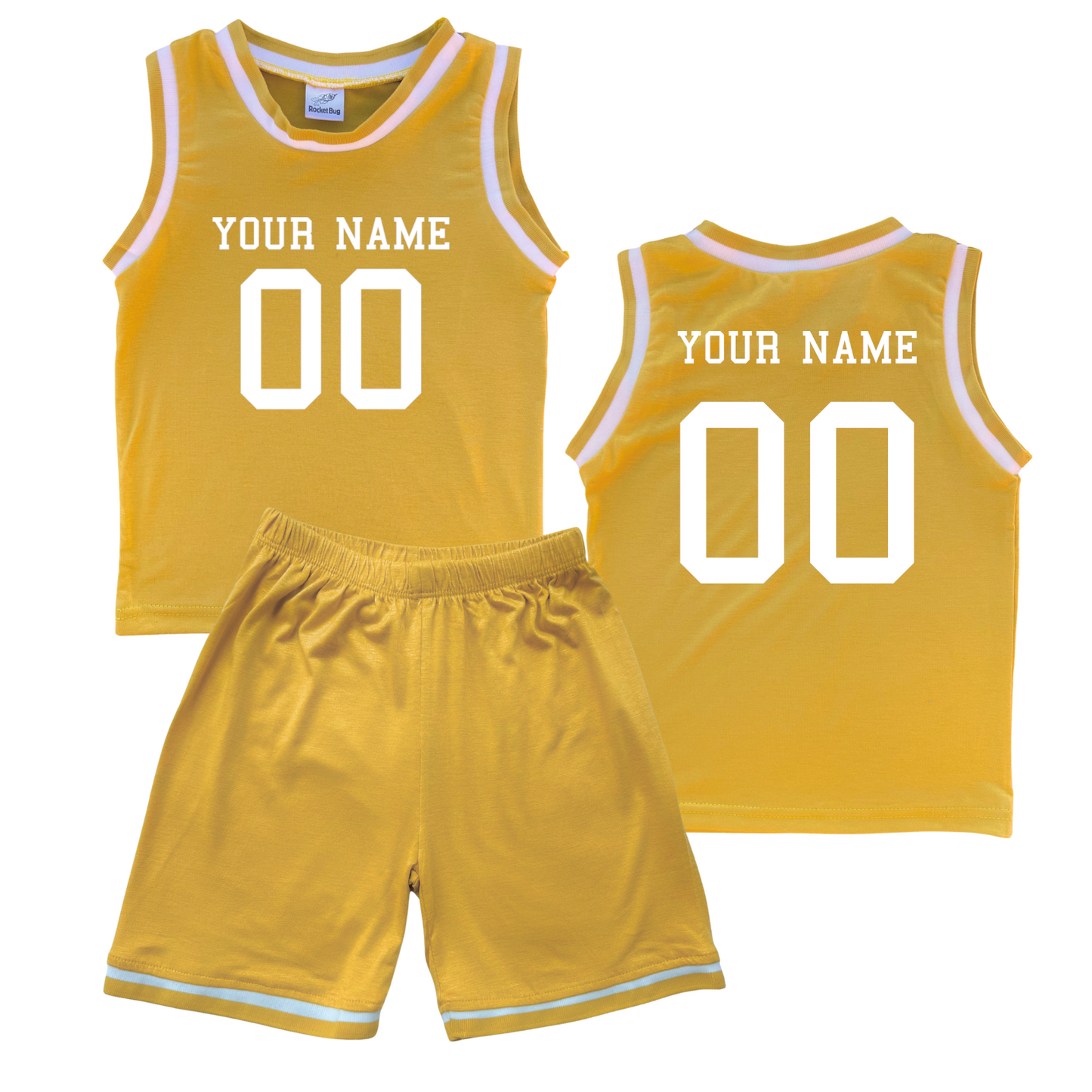 Personalized Sleeveless Basketball Jersey & Shorts Set for Toddlers- Personalized with Name and Number (Front & Back) Gold No Sweatband Set