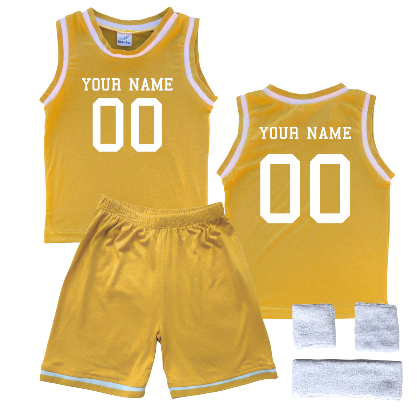 Personalized Sleeveless Basketball Jersey & Shorts Set for Toddlers- Personalized with Name and Number (Front & Back) Gold Yes Include Sweatband Set