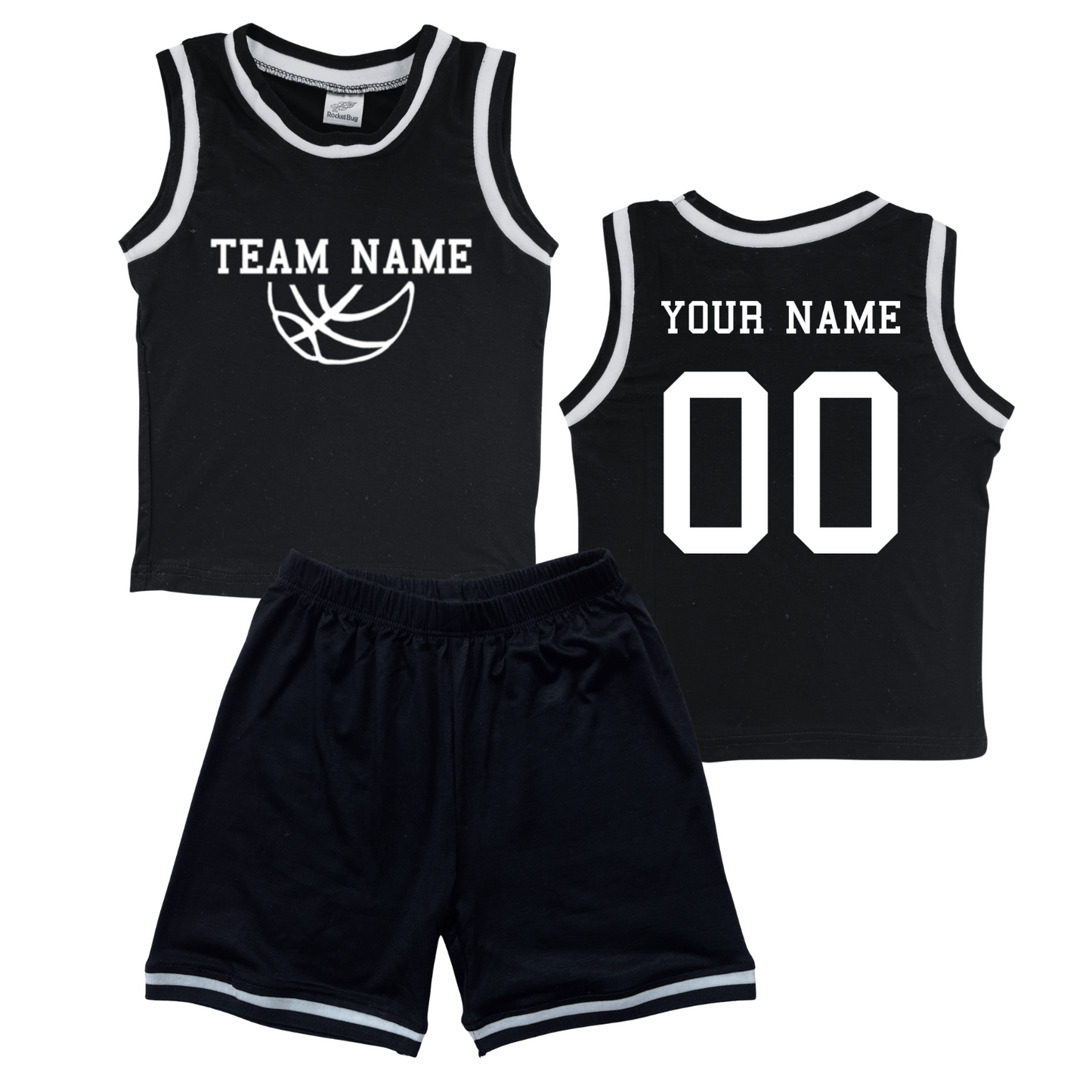 Personalized Sleeveless Basketball Jersey & Shorts Set for Toddlers- Personalized with Name and Number (Back) & Team Name (Front) Black No Sweatband Set
