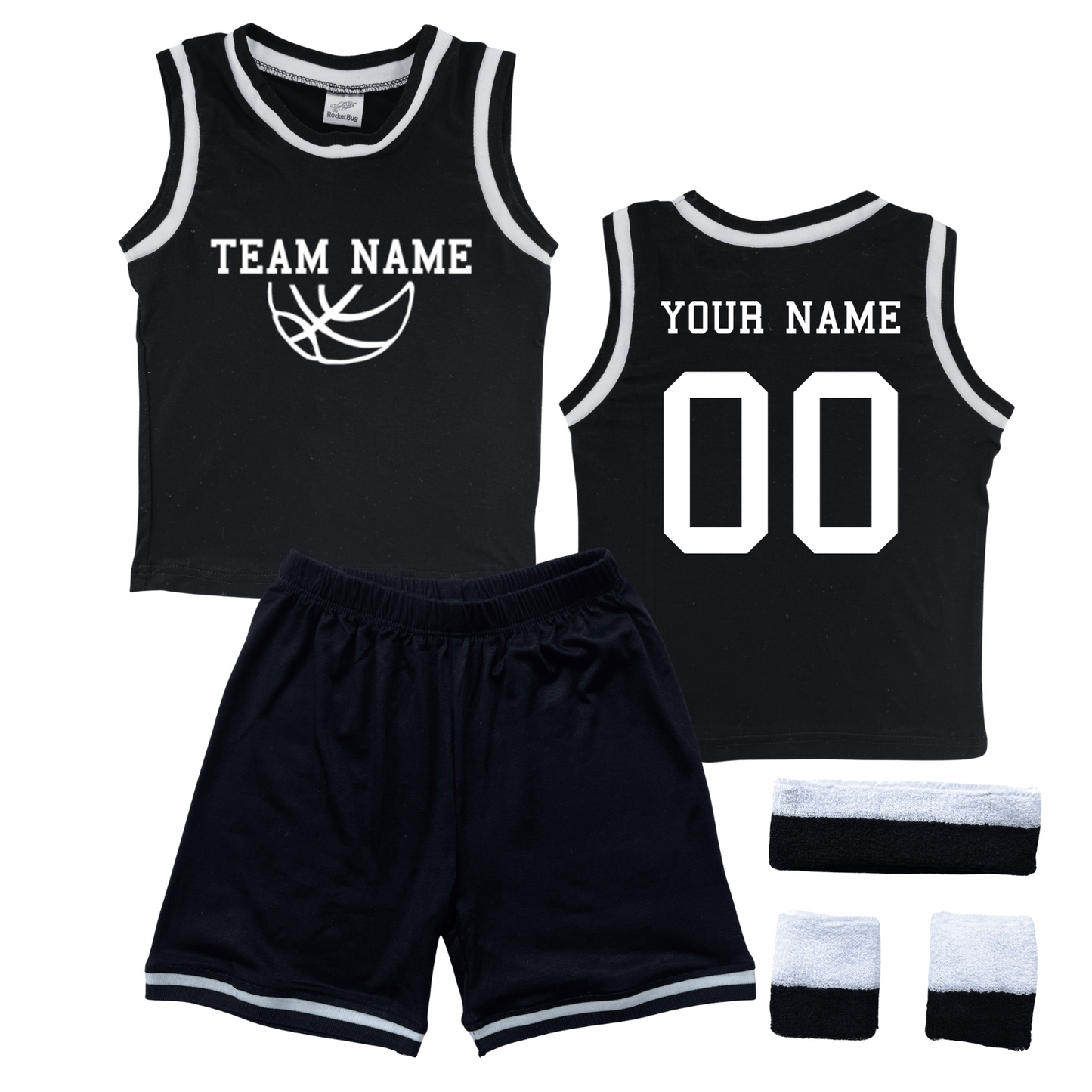 Personalized Sleeveless Basketball Jersey & Shorts Set for Toddlers- Personalized with Name and Number (Back) & Team Name (Front) Black Yes Include Sweatband Set