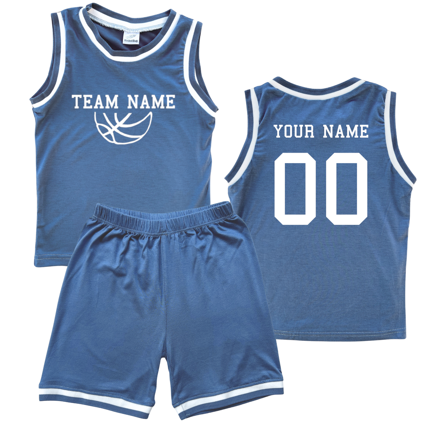 Personalized Sleeveless Basketball Jersey & Shorts Set for Toddlers- Personalized with Name and Number (Back) & Team Name (Front) Blue No Sweatband Set