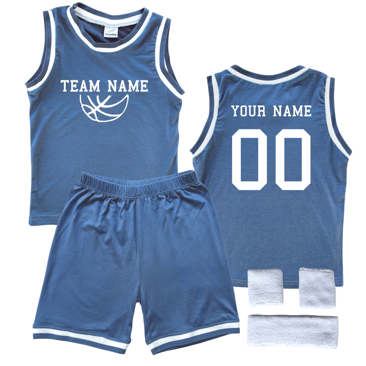 Personalized Sleeveless Basketball Jersey & Shorts Set for Toddlers- Personalized with Name and Number (Back) & Team Name (Front) Blue Yes Include Sweatband Set