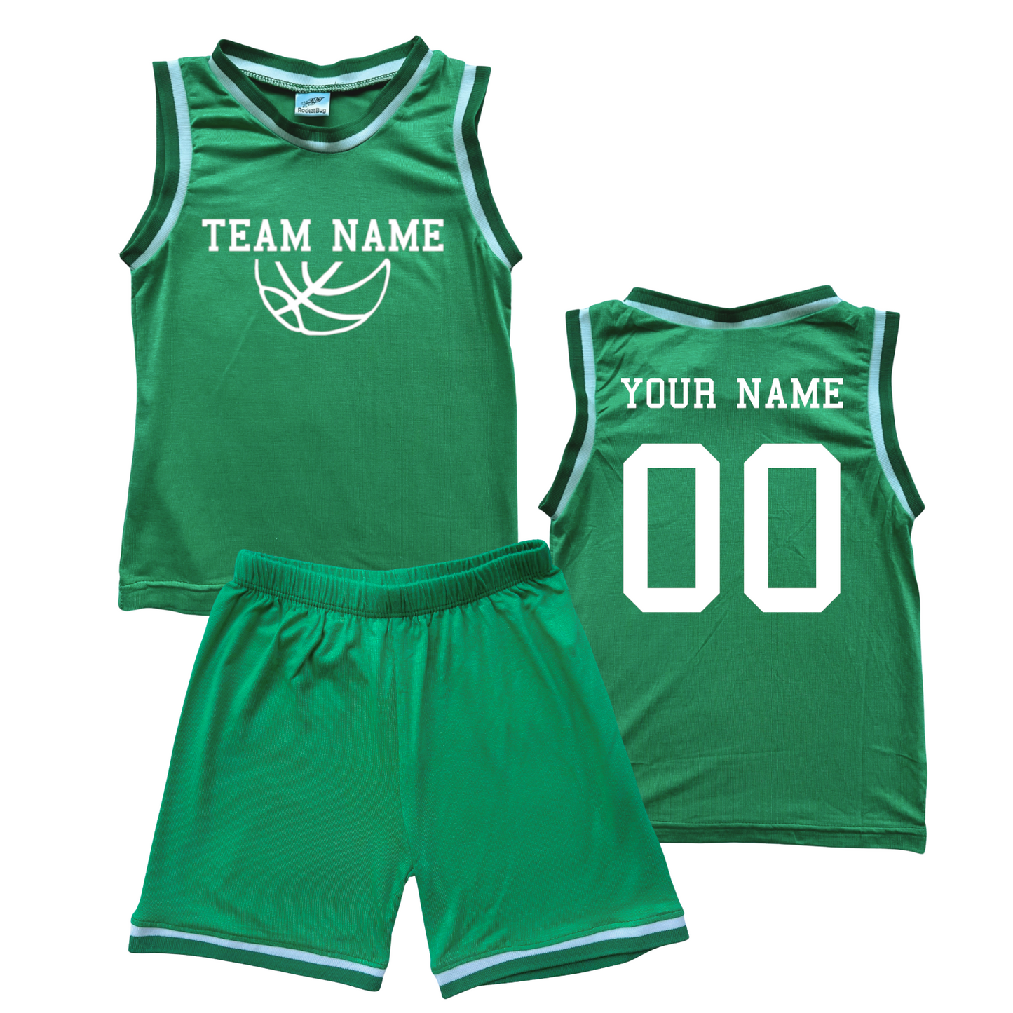 Personalized Sleeveless Basketball Jersey & Shorts Set for Toddlers- Personalized with Name and Number (Back) & Team Name (Front) Green No Sweatband Set