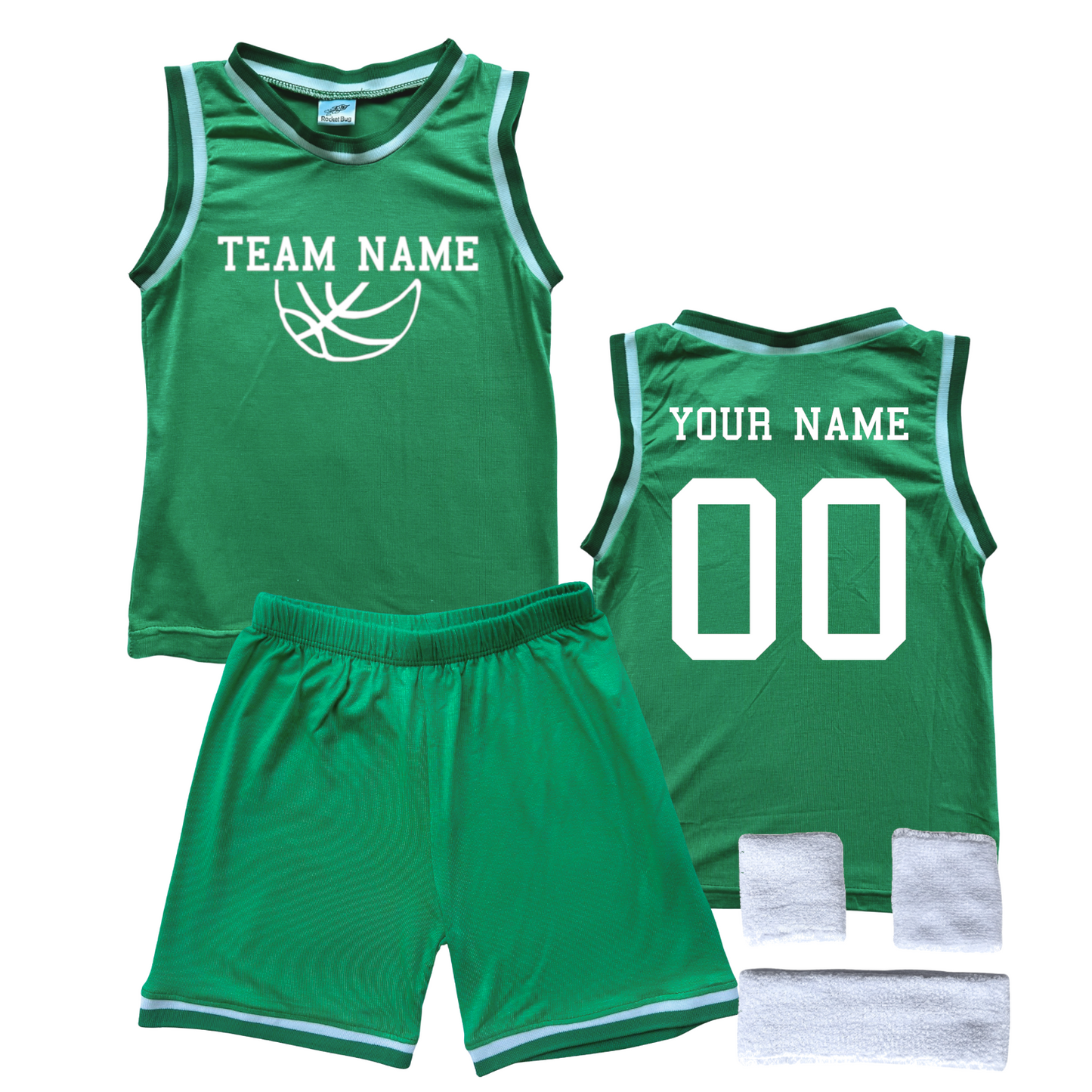 Personalized Sleeveless Basketball Jersey & Shorts Set for Toddlers- Personalized with Name and Number (Back) & Team Name (Front) Green Yes Include Sweatband Set
