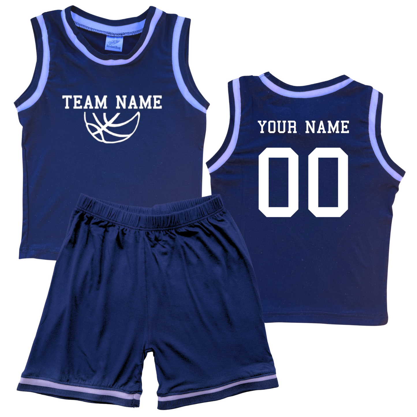 Personalized Sleeveless Basketball Jersey & Shorts Set for Toddlers- Personalized with Name and Number (Back) & Team Name (Front) Navy No Sweatband Set