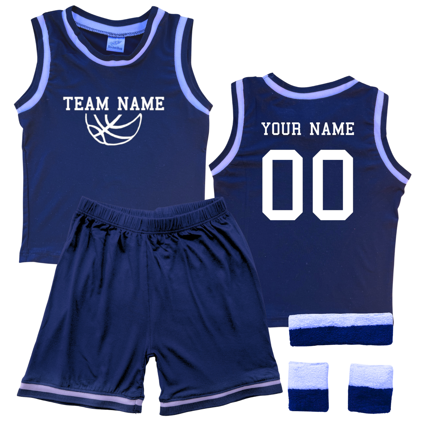 Personalized Sleeveless Basketball Jersey & Shorts Set for Toddlers- Personalized with Name and Number (Back) & Team Name (Front) Navy Yes Include Sweatband Set