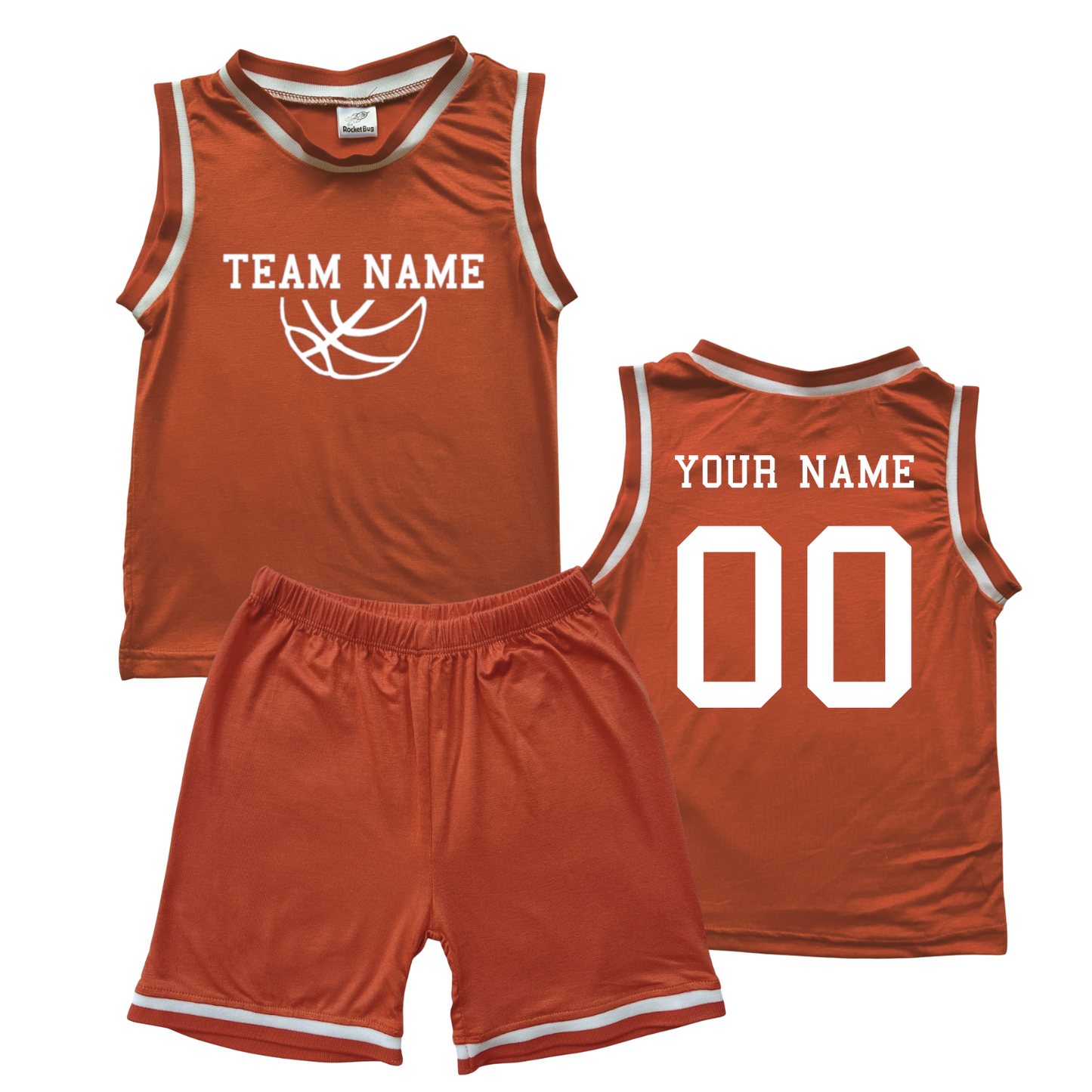 Personalized Sleeveless Basketball Jersey & Shorts Set for Toddlers- Personalized with Name and Number (Back) & Team Name (Front) Orange No Sweatband Set