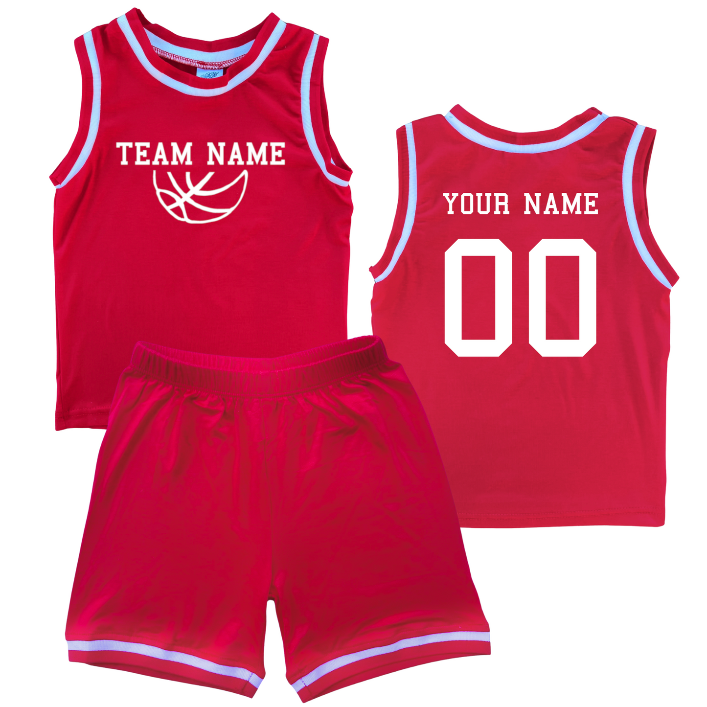 Personalized Sleeveless Basketball Jersey & Shorts Set for Toddlers- Personalized with Name and Number (Back) & Team Name (Front) Red No Sweatband Set