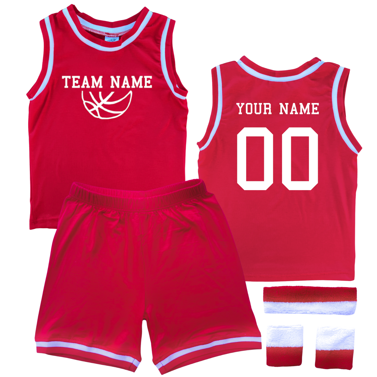 Personalized Sleeveless Basketball Jersey & Shorts Set for Toddlers- Personalized with Name and Number (Back) & Team Name (Front) Red Yes Include Sweatband Set