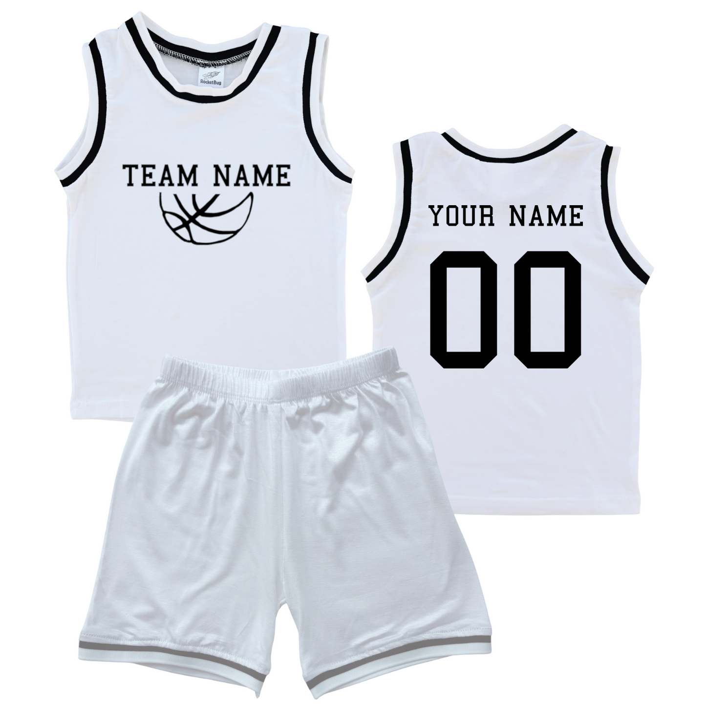 Personalized Sleeveless Basketball Jersey & Shorts Set for Toddlers- Personalized with Name and Number (Back) & Team Name (Front) White (Black Graphic) No Sweatband Set