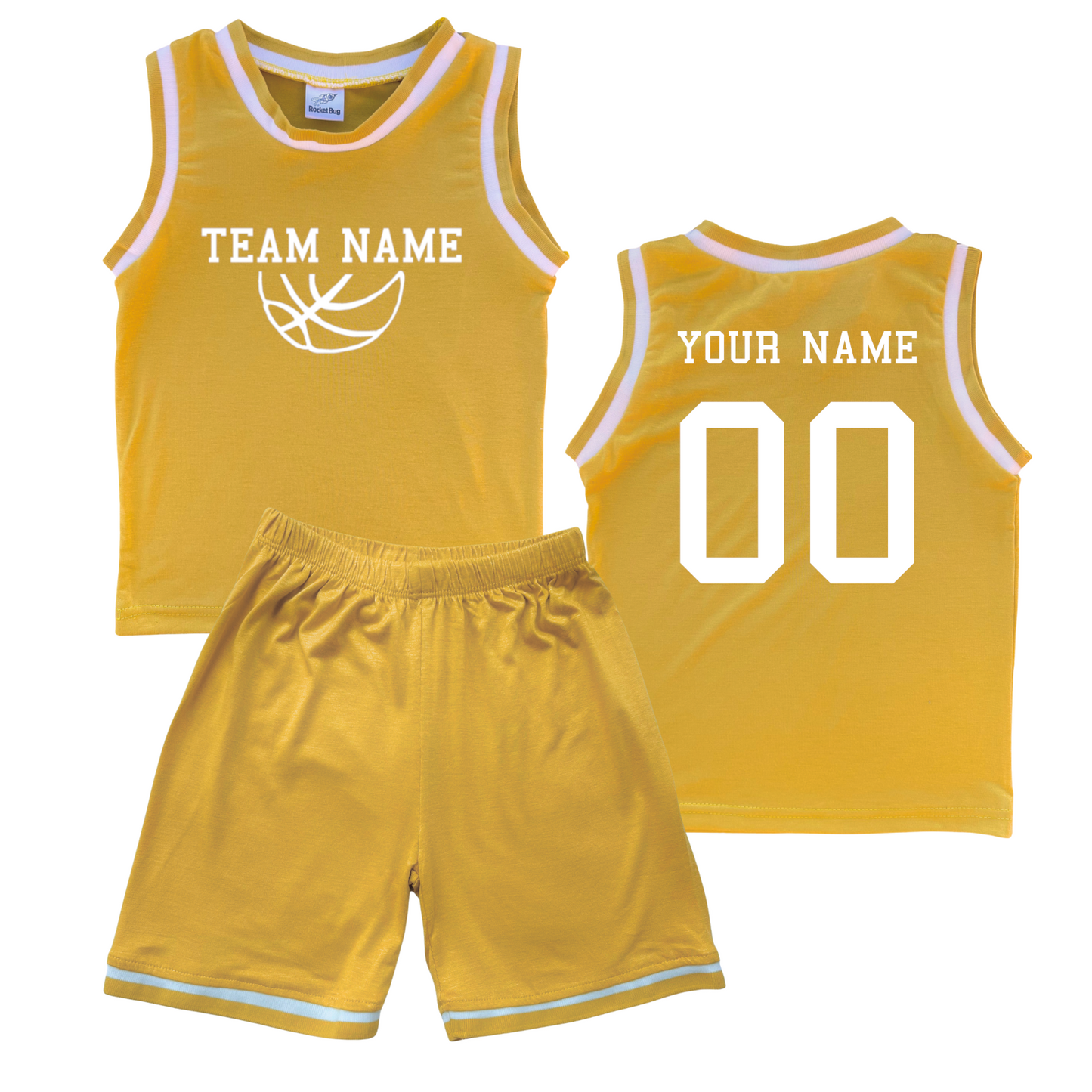 Personalized Sleeveless Basketball Jersey & Shorts Set for Toddlers- Personalized with Name and Number (Back) & Team Name (Front) Gold No Sweatband Set
